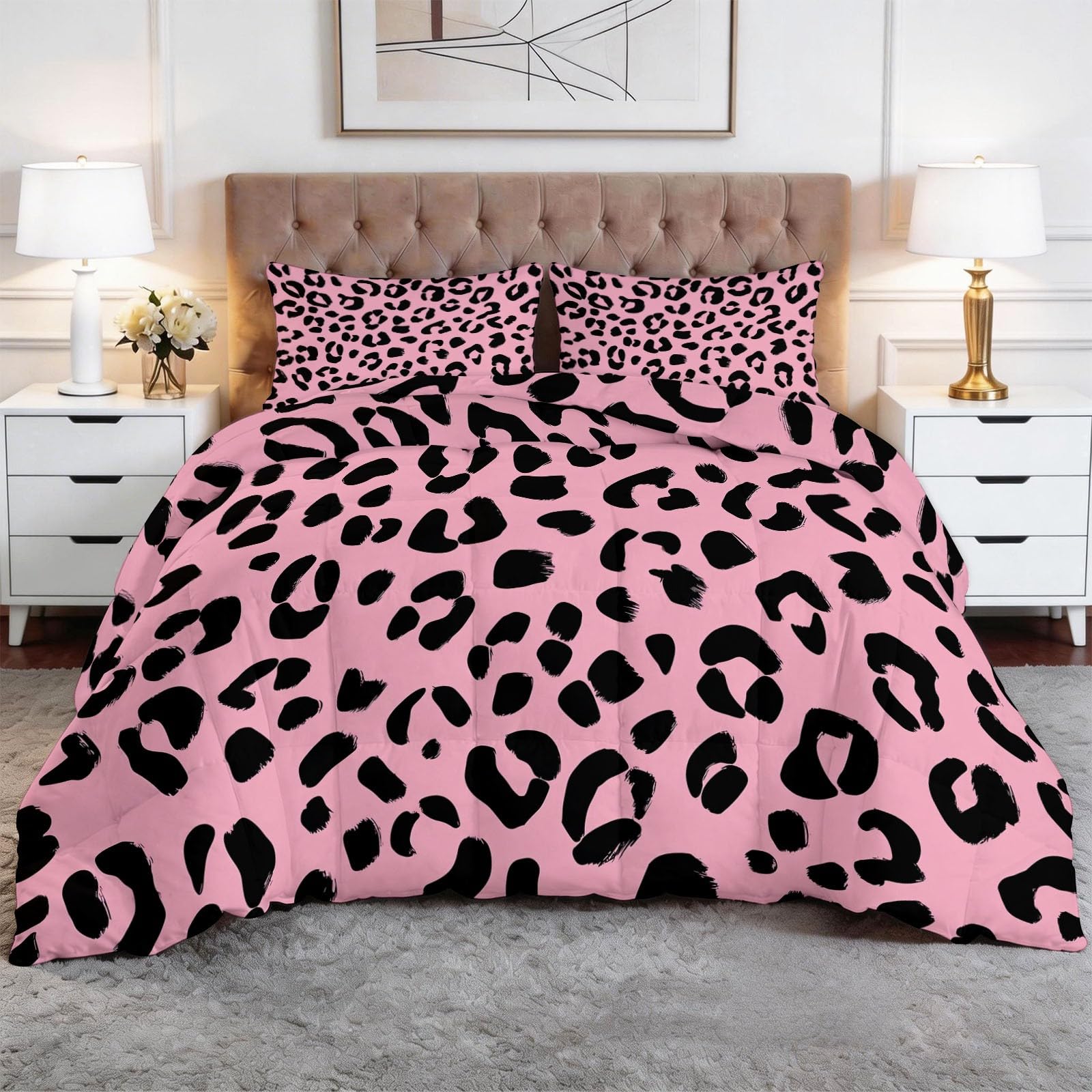 Generico Trapunta Stampa 140 x 200 cm Semplice Fantasia Leopardata Completo copripiumino Matrimoniale/Singolo in Microfibra Morbida – Traspirante, Anallergica & Lavabile – Trapuntatura a Rombi, Rosa