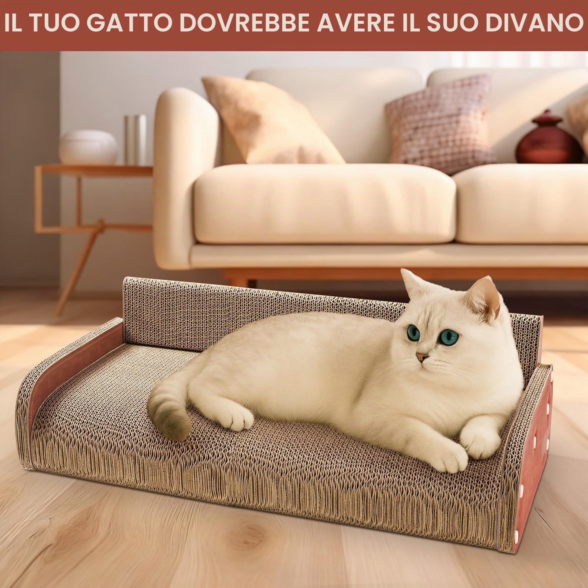 Tiragraffi per Gatti Adulti XXL - Tiragraffi Cartone 62cm Design Divano - Cartone Ondulato Rinforzato - Per Lettino Gatti e Soggiorno