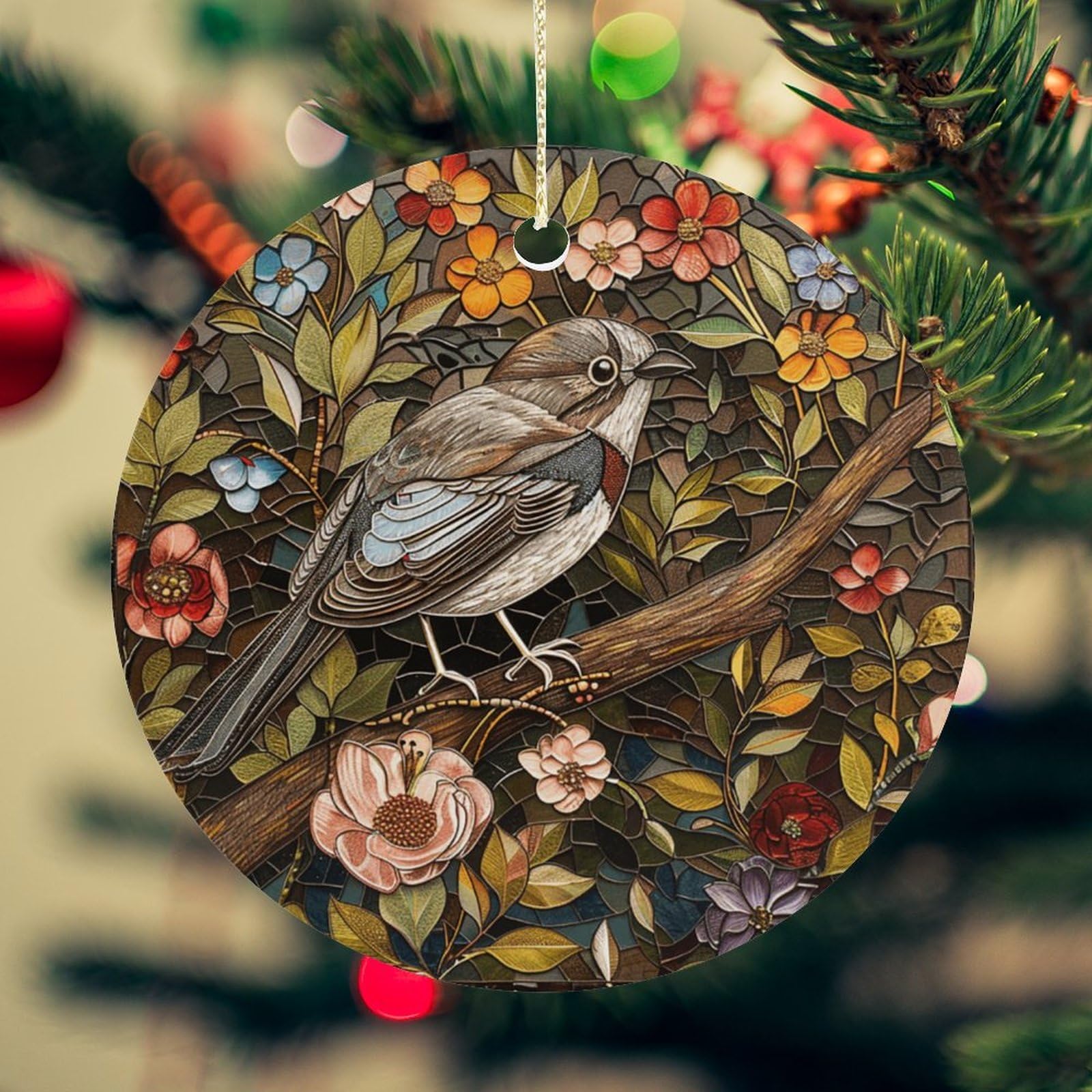 Bird Perched on Branch Christmas Ornament for Christmas Tree Ceramic Round Ornament Winter Holiday Keepsake Gift 2.7" Christmas Tree Hanging Decorations Circle Ceramic Pendant Xmas Gift