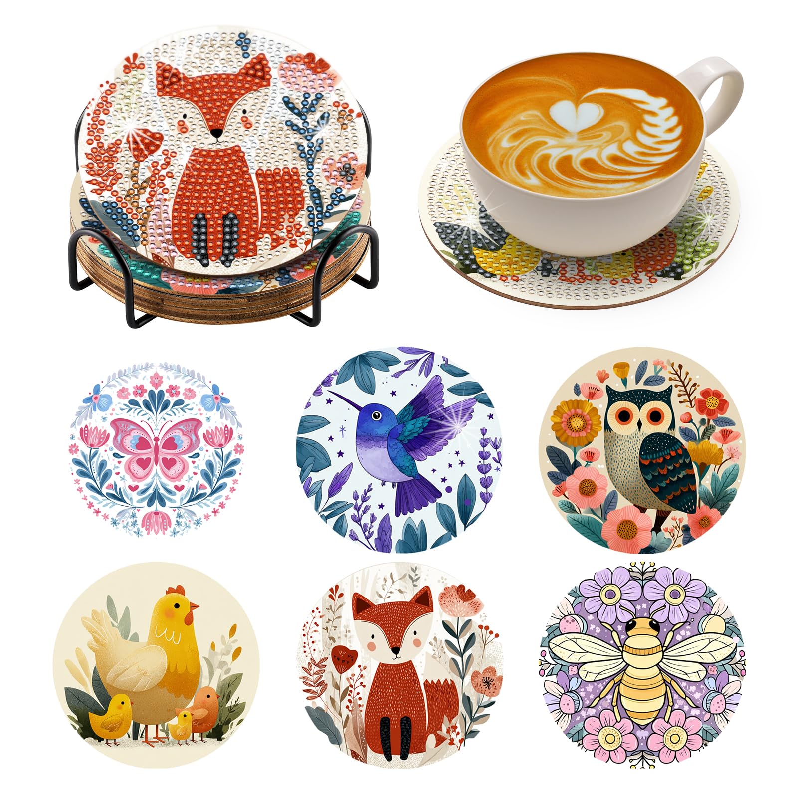 – BNG Animals Diamond Paintings Coasters Kits Set with Holder, 6Pcs Hummingbird Owl Art DIY Crafts Coasters for Adults, Art Painting Kits for Women, Beginners, Diamond Craft Supplies