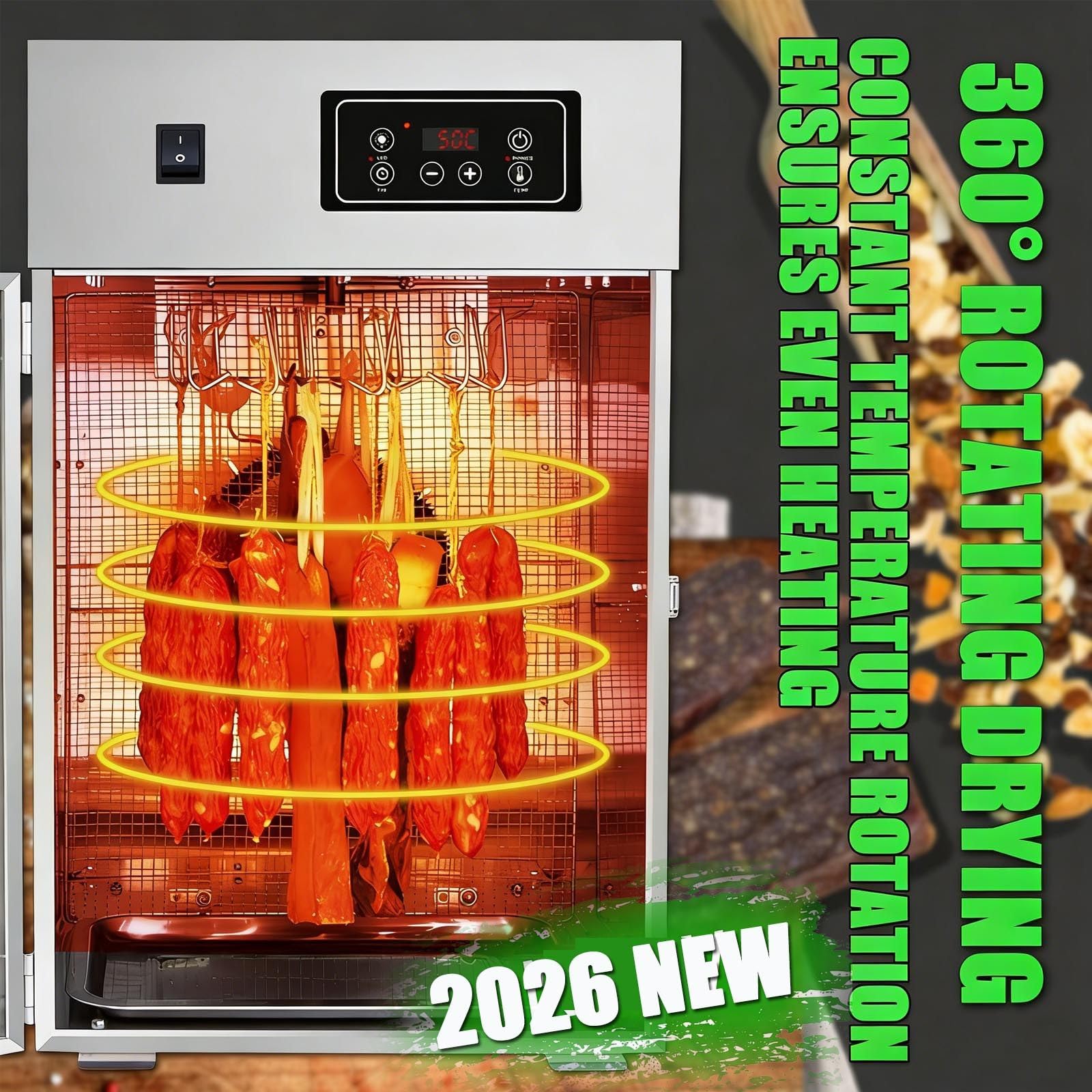 Edelstahl-Biltong-DöRrgeräT,Trockenschrank Für Fleisch– GroßEs FassungsvermöGen (7,5Kg),14 Haken, Temperaturregelung Von 30–90°C – Zum Trocknen Von Biltong, Fleisch Und Wurst