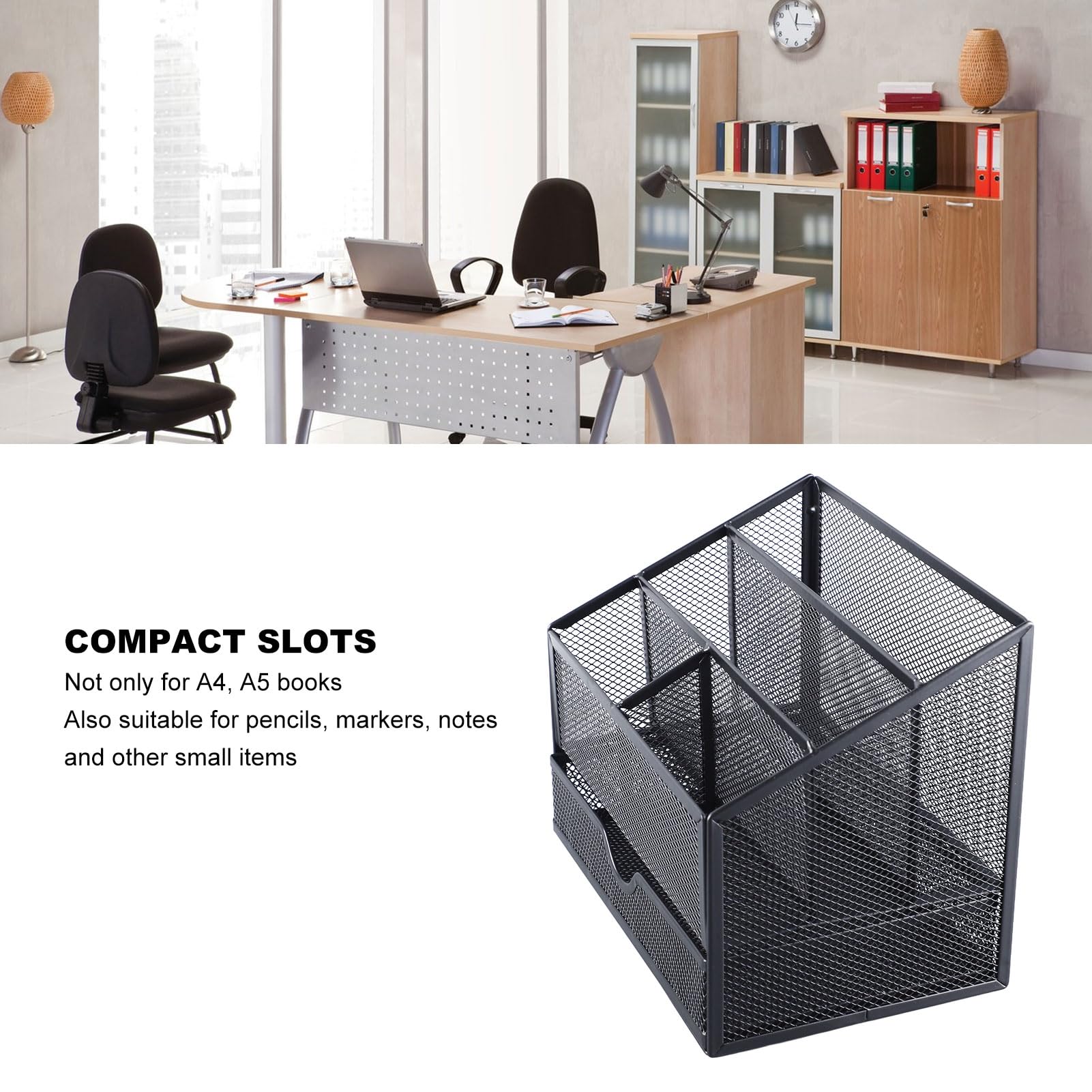 Organizador de Escritorio de Metal con Cajones Extraíbles Ranuras Compactas para Libros A4 A5 Bolígrafos Notas Organizador de Mesa de Oficina Elegante y Duradero