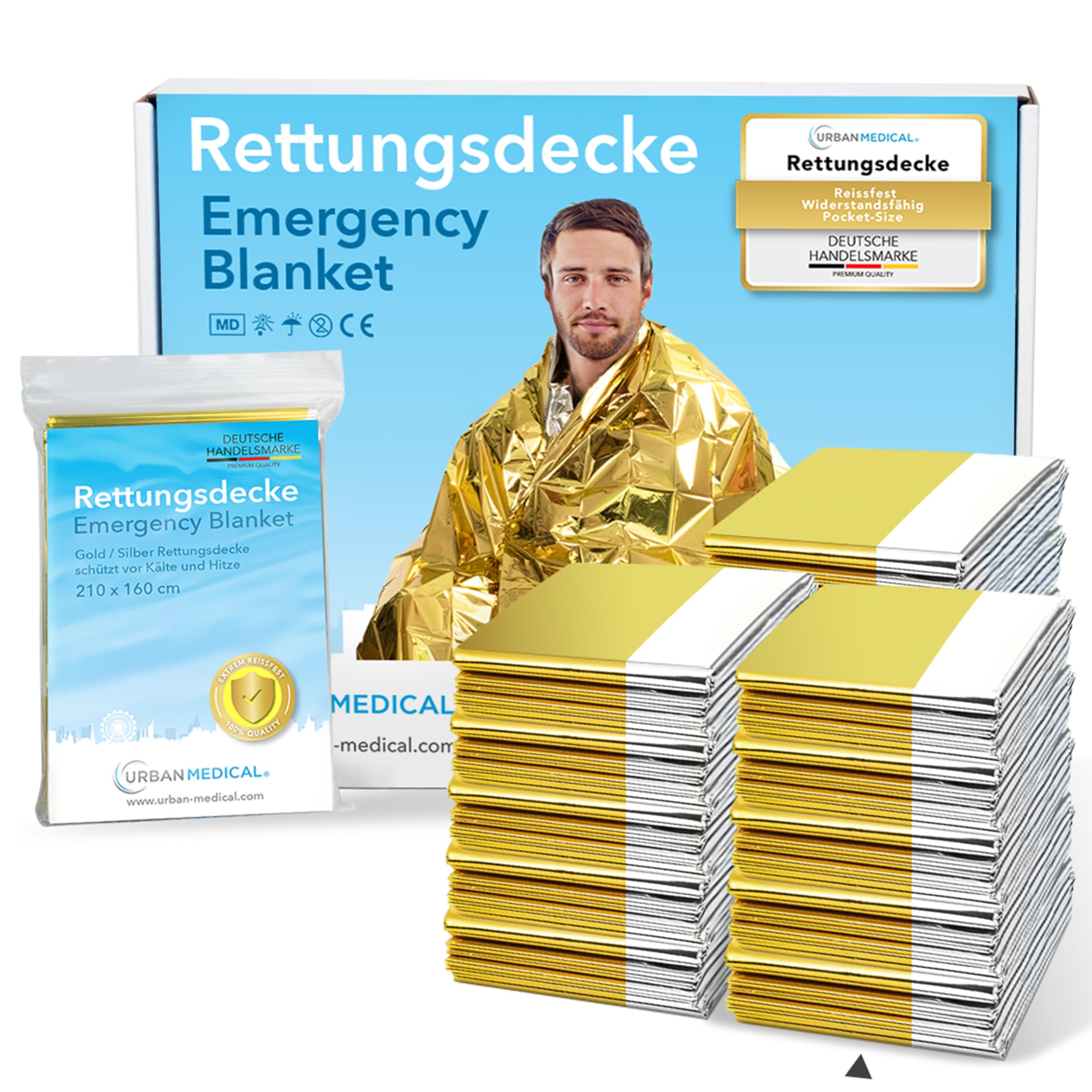 Premium Rettungsdecken - Schutz vor Kälte und Hitze - 5-15 Stück - Doppelseitige Notfalldecken - Gold/Silber - Große Rettungsfolien für Erste Hilfe - 210 x 160 cm