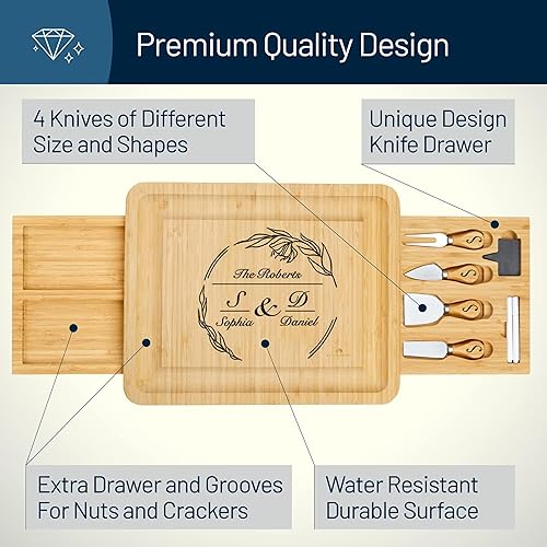 Miniatura 35 de RoyalHouse Juego único de tabla de queso de bambú y cuchillos con 2 cajones deslizables para cubiertos, juego de tablas de charcutería, regalos
