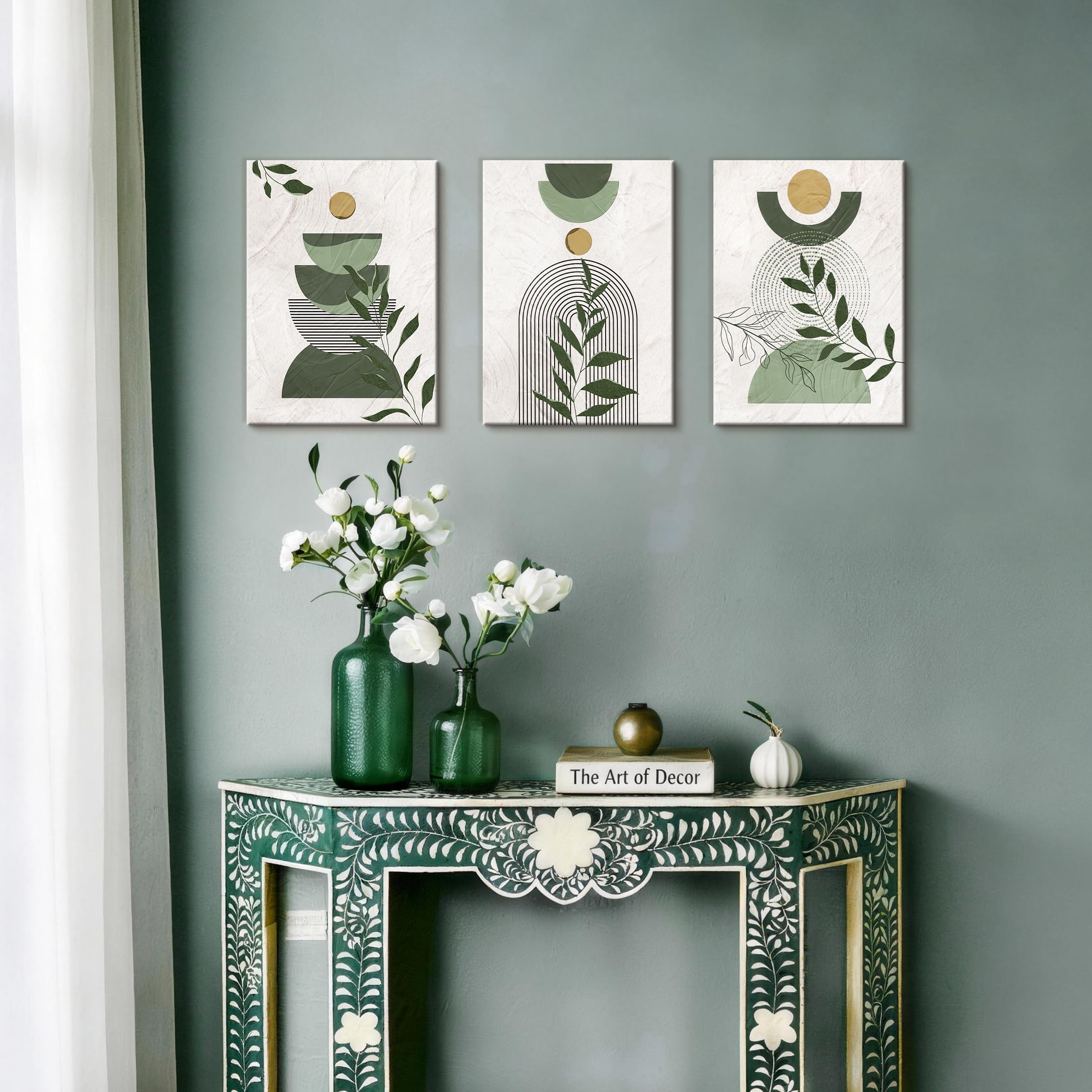 3 Pcs Wooden Framed Canvas Wall Art Set Bohemian Sage Green Canvas Prints Poster Geometric Line Beige Green Pictures for Living Room Bedroom Dinning Room Hallway Stairs Wall Decor 30x40cm x3pcs — view 508