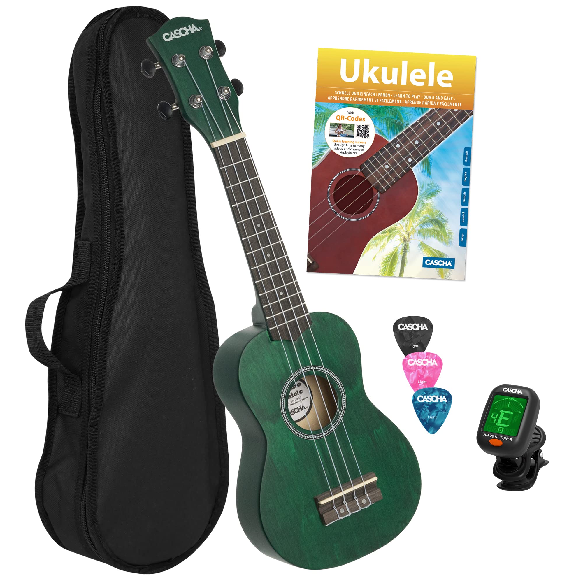 CASCHA Sopran Ukulele Set für Kinder und Erwachsene I Ukulele Starter Kit mit 3 Plektren Tasche Lehrbuch Lernvideos über QR-Code Stimmgerät I Set Aquila Saiten Nylon I Kleine Hawaii Gitarre I Grün, 0