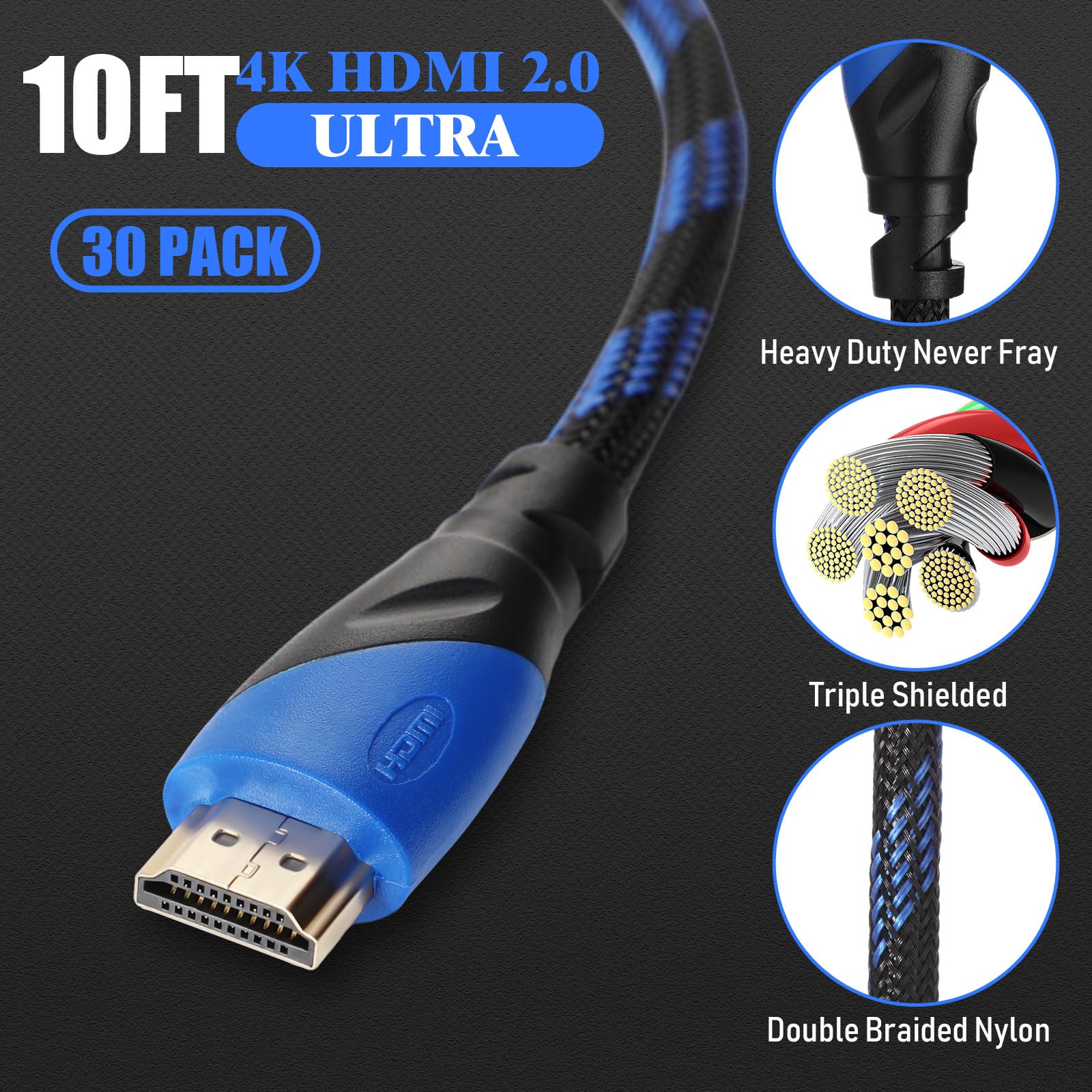 Kanayu 30 Pack 4K Cable Compatible with HDMI Port Electronic Cable for High Speed Transmitting 18Gbps Braided Cord Compatible with Projector, PS5, PS4, Laptop, Monitor, Television, Computer (10 ft)
