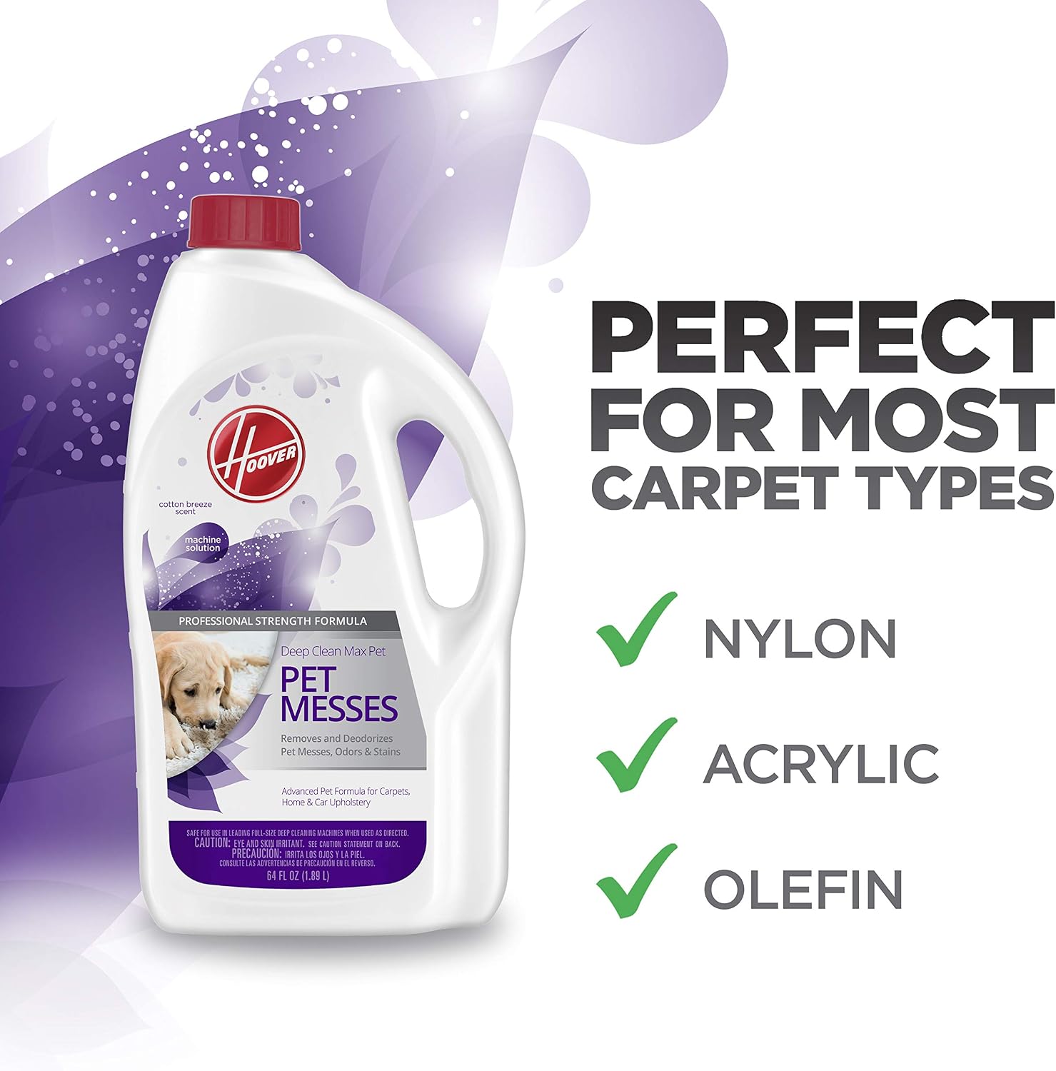Hoover Max Deep Cleaning Carpet Shampoo, Concentrated Machine Cleaner Solution for Pets, 64 oz Formula, AH30821, White, 64 Ounce