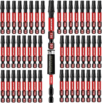 Geinxurn 51 Pieces T30 Impact Tough Magnetic Screwdriver Bit Set, 1 In. #30 Torx Head Power Bit Set, S2 Alloy Steel T30 Star Bit with 1Pcs Impact Bit Holder
