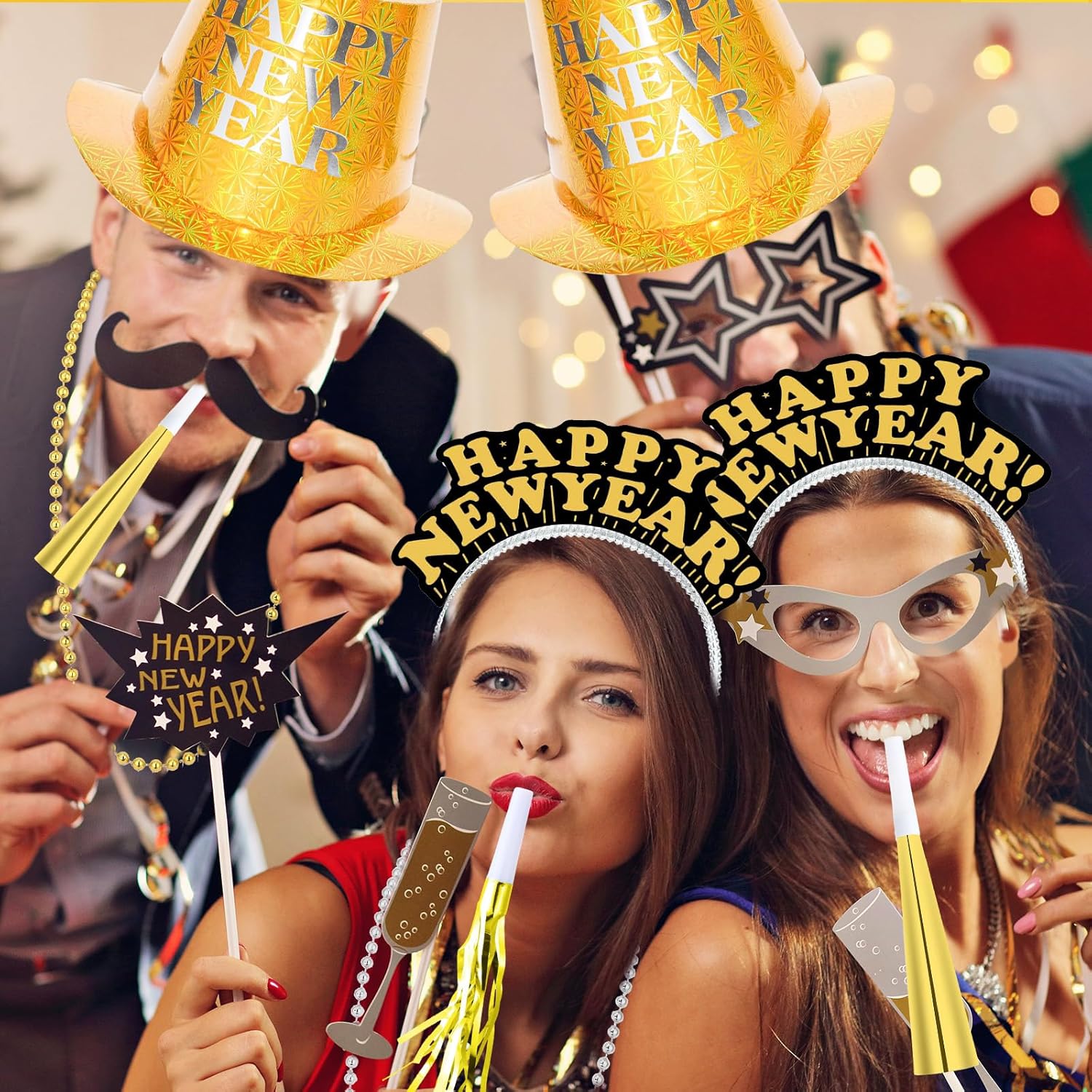 Shappy 100 Pcs New Years Eve Party Supplies 2026 New Year's Eve Party Kit 10 Top Hat 40 Tiara 50 Noisemaker Decor