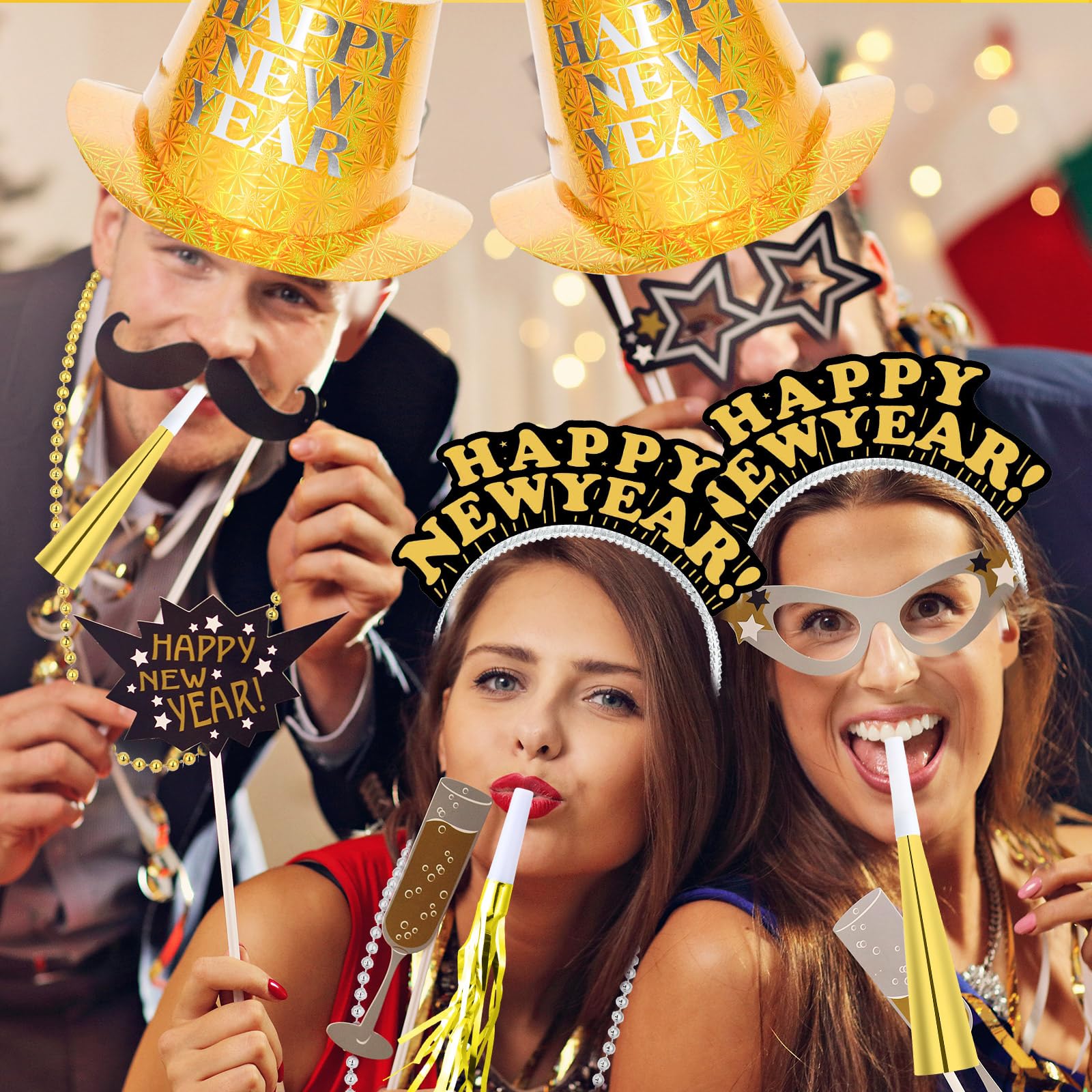 Shappy 100 Pcs New Years Eve Party Supplies 2024 New Year Party Kit Includes 10 Top Hats 25 Tiaras Headbands 50 Noisemakers(Gold)