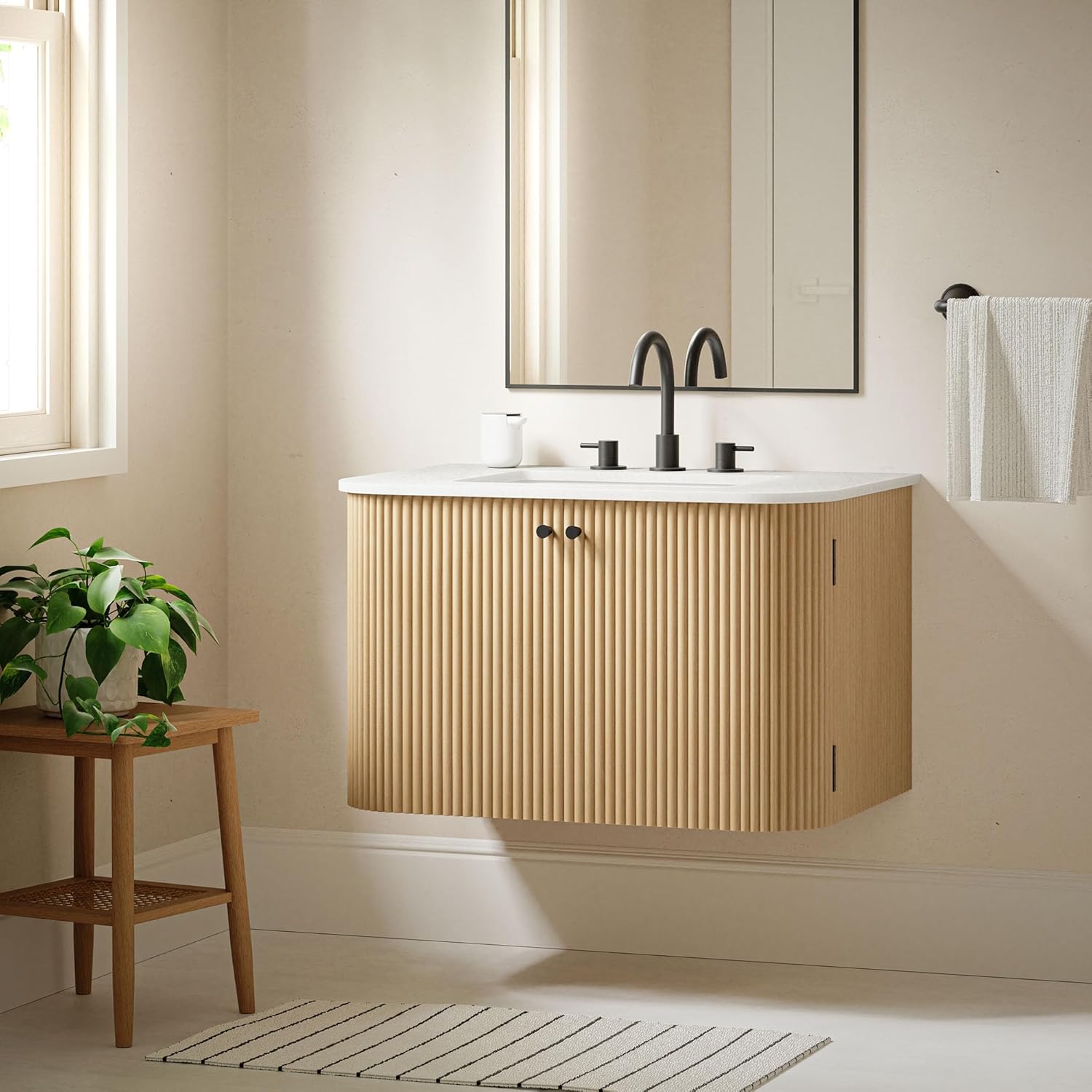 Modway Zia 30 Inch Wall-Mount Bathroom Vanity in Natural with Marble Sink Basin - Floating Bathroom Cabinet with Fluted Design