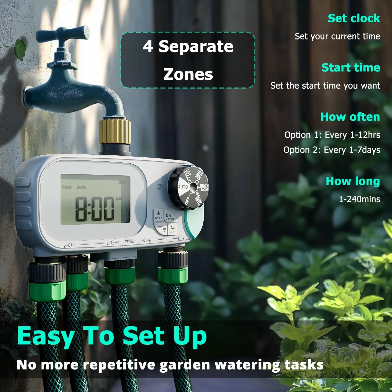 Timer for irrigazione programmabile con ingresso e uscita in ottone a 4 zone, di irrigazione del prato con ritardo pioggia/manuale/automatico