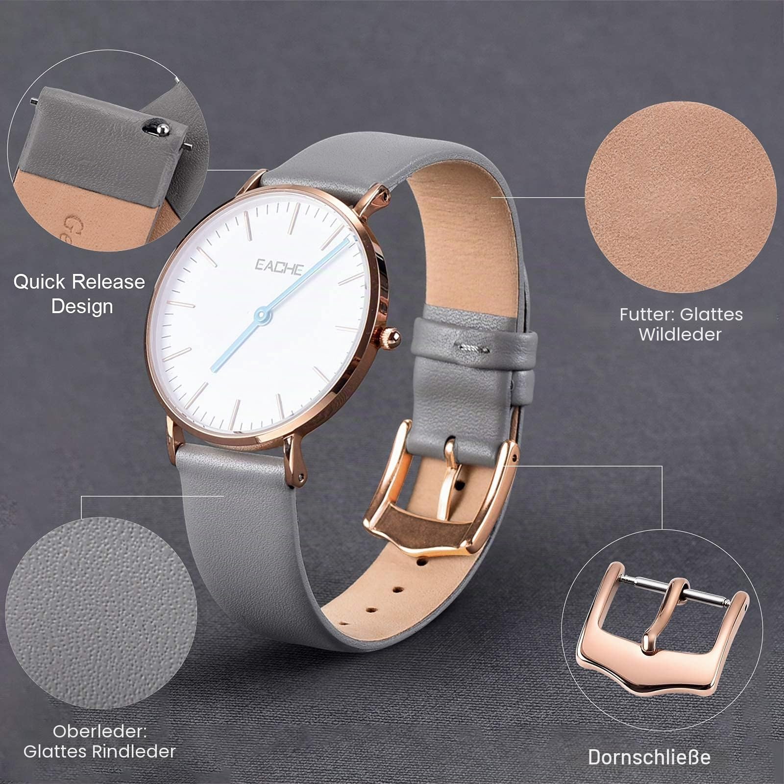 EACHE Damen-Uhrenarmband, Leder, mit Schnellverschluss, in mehreren Farben erhältlich (12 mm, 14 mm, 16 mm, 18 mm, 20 mm)