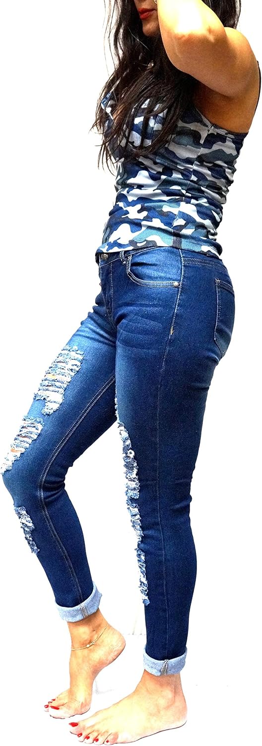 Jack David Womens Distressed Denim Jeans Ripped Blue Skinny Destroy Stretch Jean Pants (7, Jack David JD-R65B- Blue) - Image 8