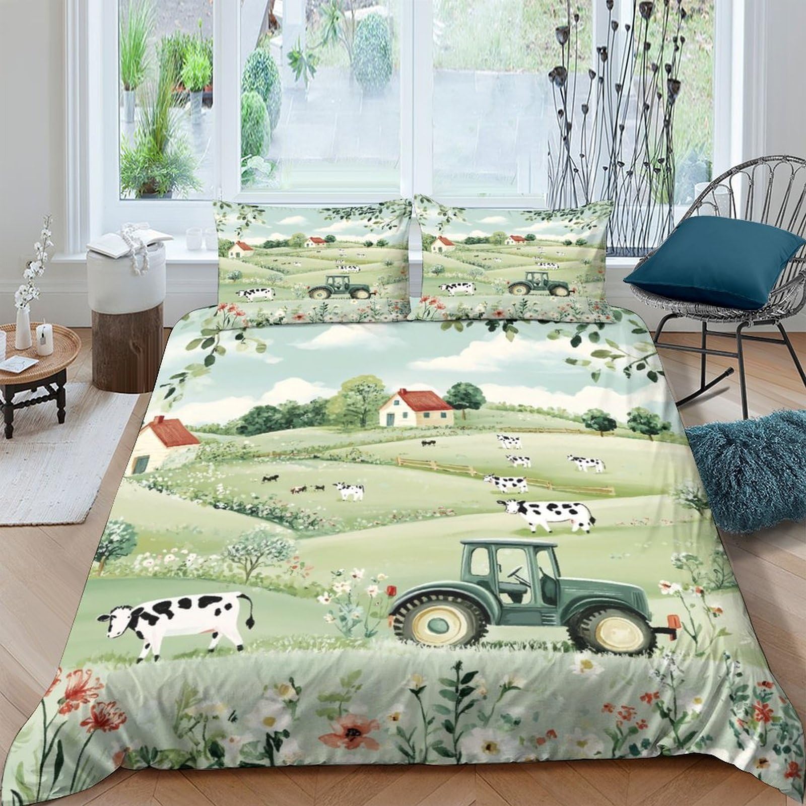 Ctjqhvkz Style-2 3D Printed Countryside Farm Fitted Sheet Microfiber Soft Green Pasture Tractor Bed Cover For Bedroom Guest Room Decor Single（135X200cm）