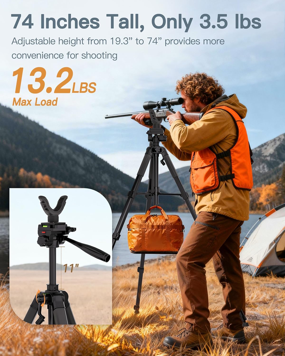 74” Rifle Shooting Tripod, Hunting Rest V Yoke Rifle Rest with 6 Ground Spikes, 2 Camo Strap, Aluminum Crossbow Shooting Stand with Durable Frame for Hunting, Shooting, and Outdoors - Image 3