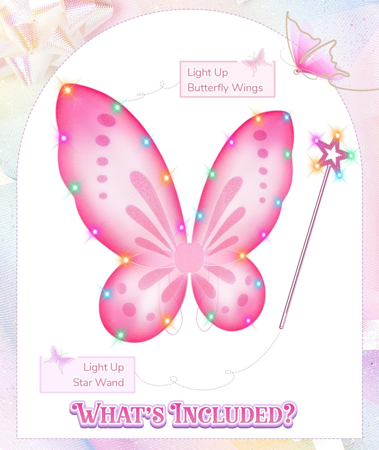 Girls Fairy Butterfly Wings with LED Light, Fairy Wings Light Up Star Wands for Girls Kids Women Halloween Dress Up (Pink) - Image 6