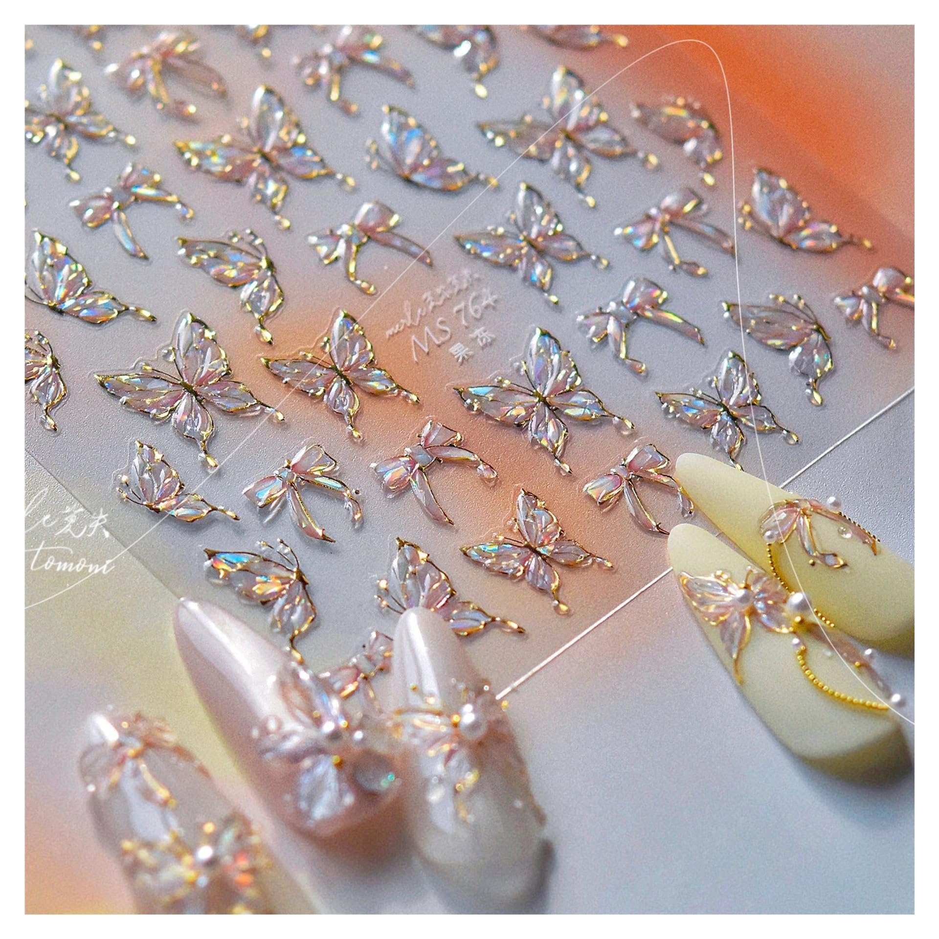 5D Jelly Nail Stickers Ice Transparent Gold Plated Butterfly 3D Decorations for Manicure Design DIY(Green)