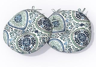 Outdoor Bistro Chair Cushion for Patio Furniture, Water Resistant Round Seat Cushion Set of 2, Tufted Patio Chair Cushions with Ties, 15"x15"x4", Medallion Blue