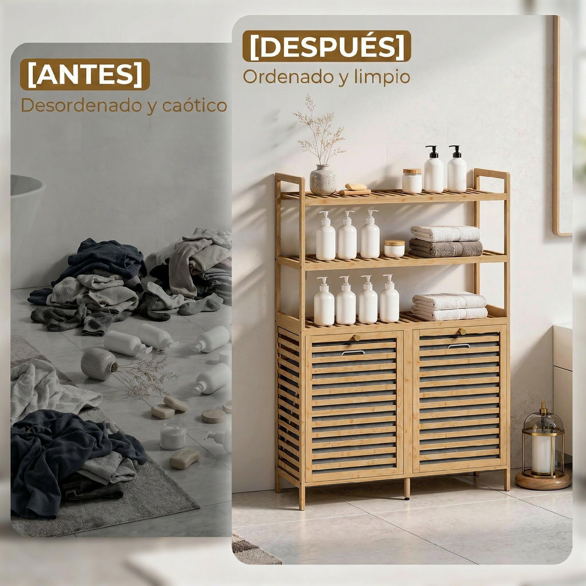 HOMCOM Mueble Ropa Sucia de Bambú, 2 en 1, Mueble de Baño con 2 Cestos para Ropa Sucia Inclinables 38,7 L y 3 Estantes, para Cocina, Salón, 80x30x118 cm, Roble