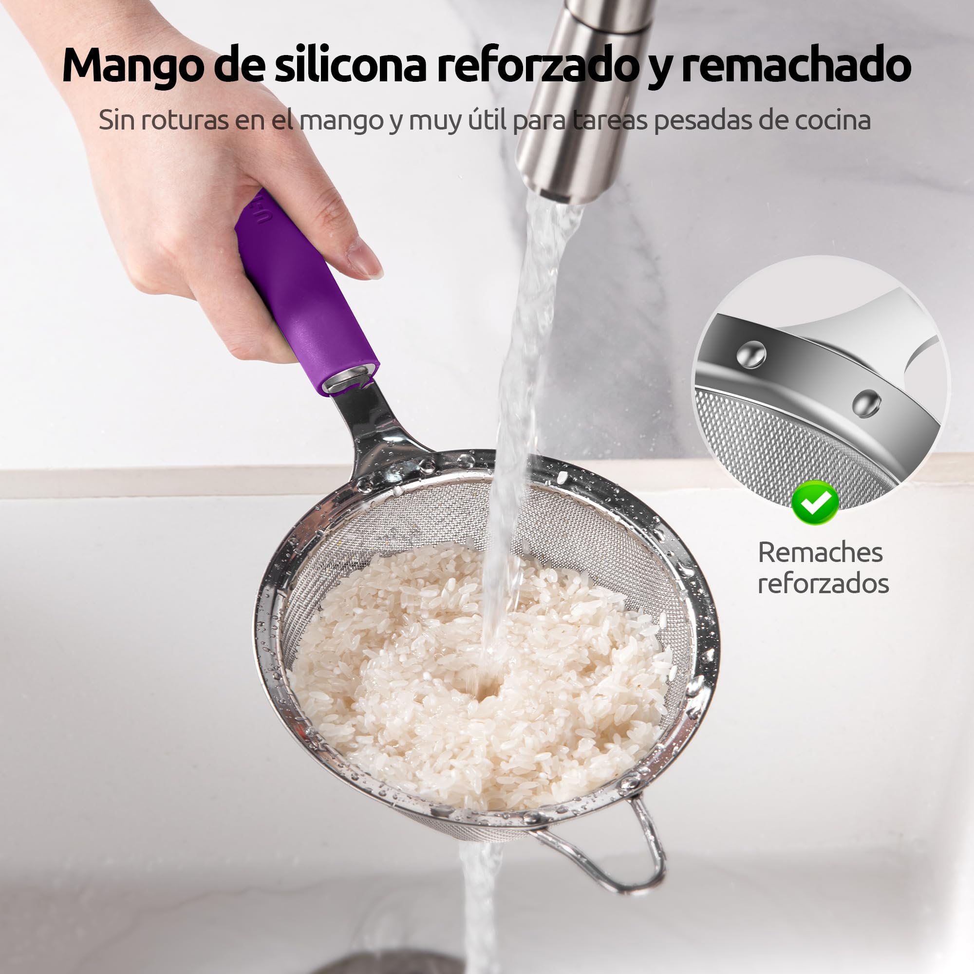 U-Taste Tamiz de malla fina mediana, colador cocina, acero 18/8, Morado | 12cm con mango de silicona resistente remachado, ideal para tamizar harina, colar té arroz quinua