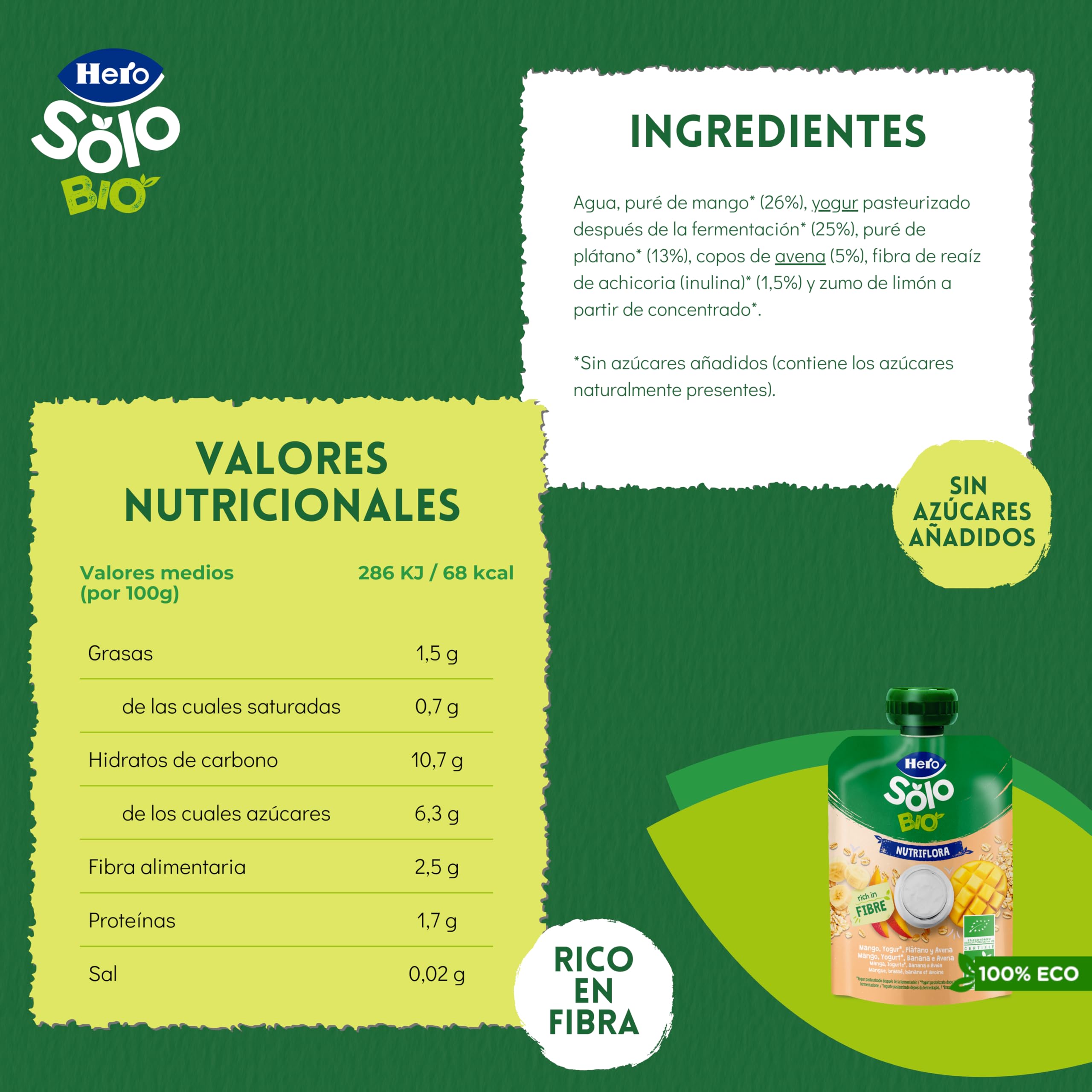 Bolsitas Ecológicas de Mango, Platáno, Yogur y Avena 100gr Hero Solo