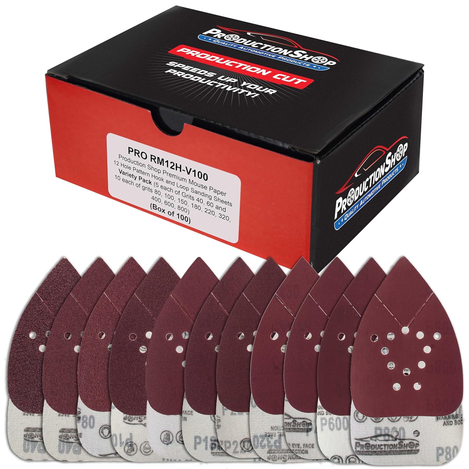 ProductionShop 100-Pack Mouse Detail Sander Sandpaper Sheets, 12-Hole Hook & Loop Discs, 11 Grits 40-800 for Black & Decker Sanders