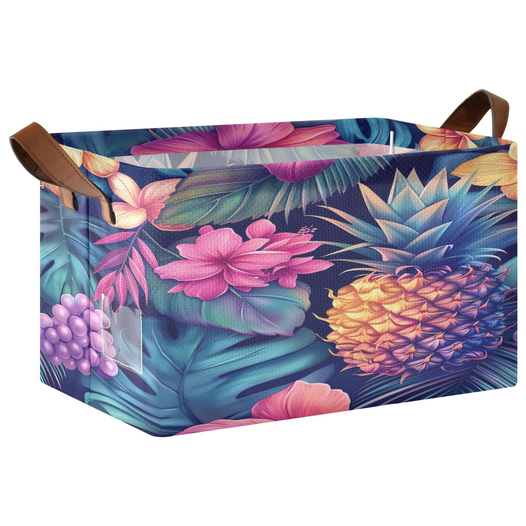 Kutsu Foldable Storage Basket Pineapple Collapsible Storage Bin with Handles for Shelves, Rectangle Basket for Home Nursery Decor, 16.9x11.4x10 in