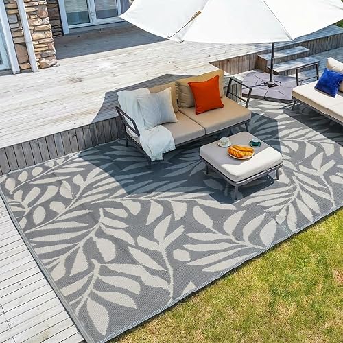 wikiwiki 9x18ft Reversible Plastic Outdoor Rug (Grey Big Leaves)
