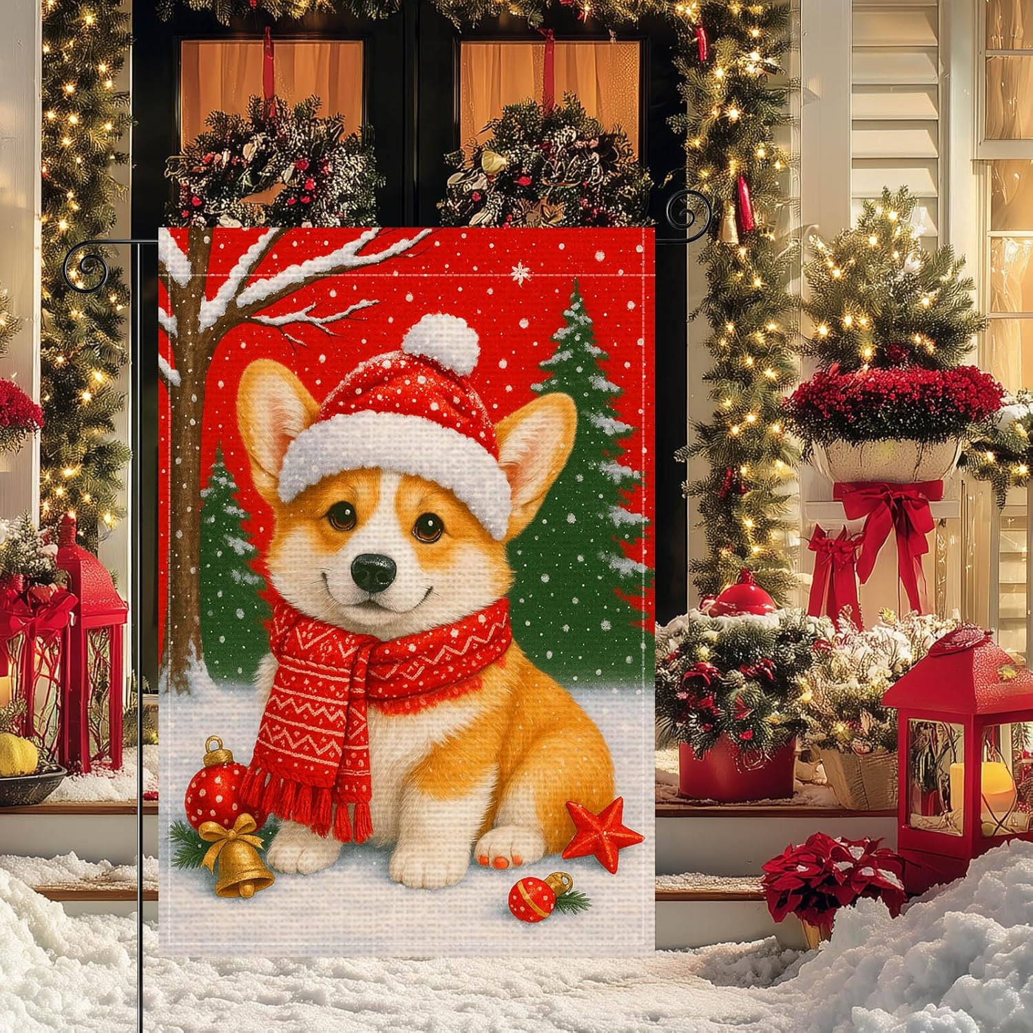 Merry Christmas Corgi Puppy Garden Flag Double Sided 12x18 Inch Burlap Winter Garden Flag Corgi Puppy with Red Scarf and Santa Hat for Indoor and Outdoor Decoration Yard Lawn Decor - Image 7