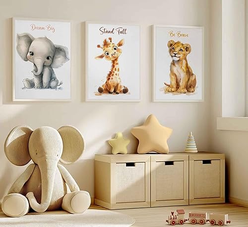 Miniatura 4 de 3 piezas de lienzo de safari para guardería, arte de pared para niños, lindo animal inspirador, león, jirafa, elefante, pintura, imagen, decoración