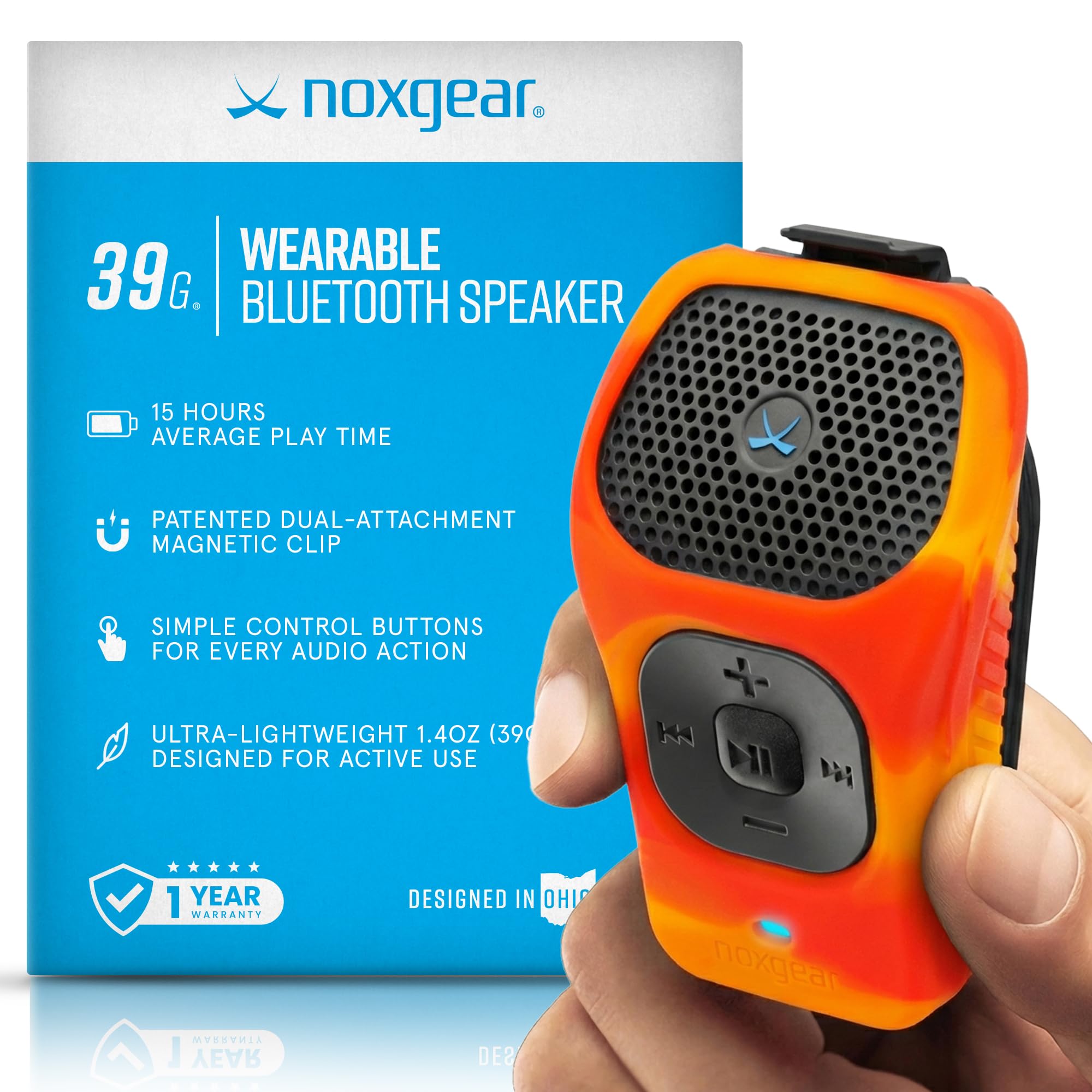 noxgear Altavoz Bluetooth portátil de 39 g, mini clip magnético, resistente al agua hasta 15 horas de reproducción | Bluetooth con clip, altavoz portátil con micrófono, alcance de 100 pies (color