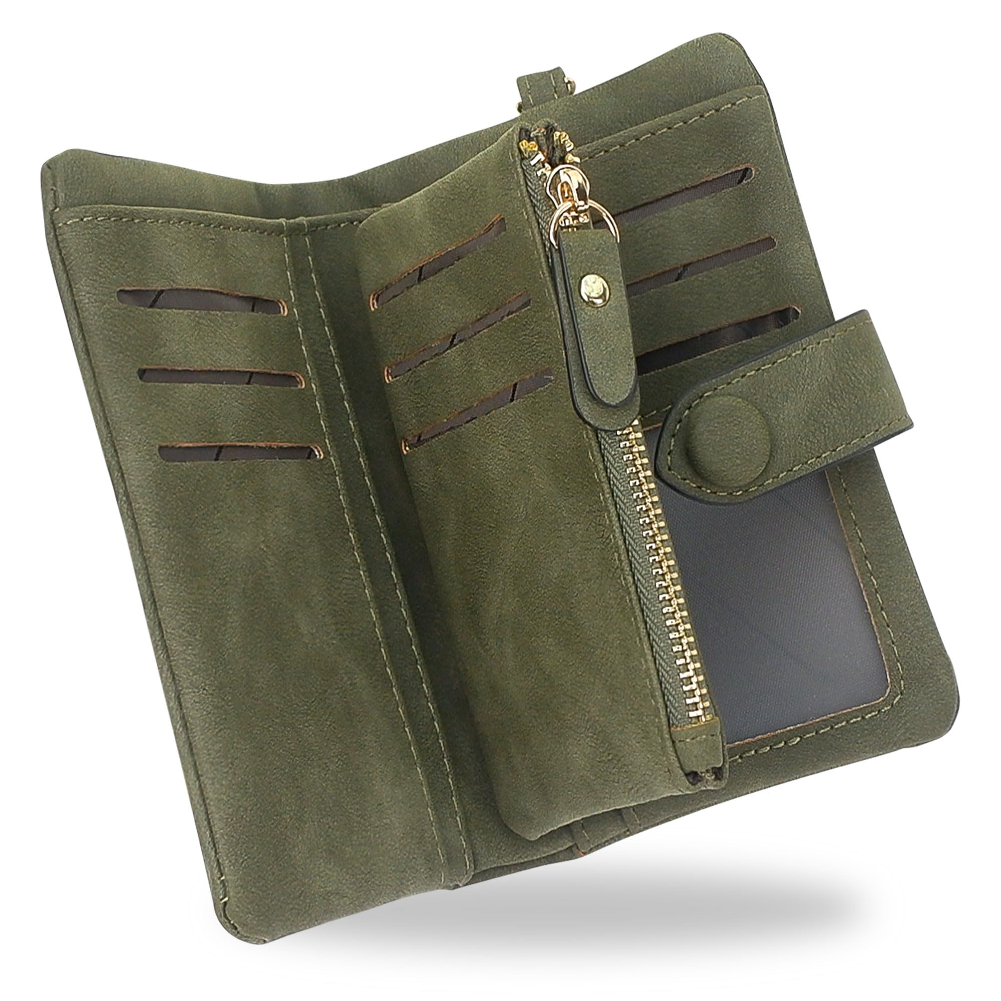 SNCCJ RFID Wallets for Women, Large Capacity Faux Suede Leather Small Womens Wallet with Wristlet (Olive Green)
