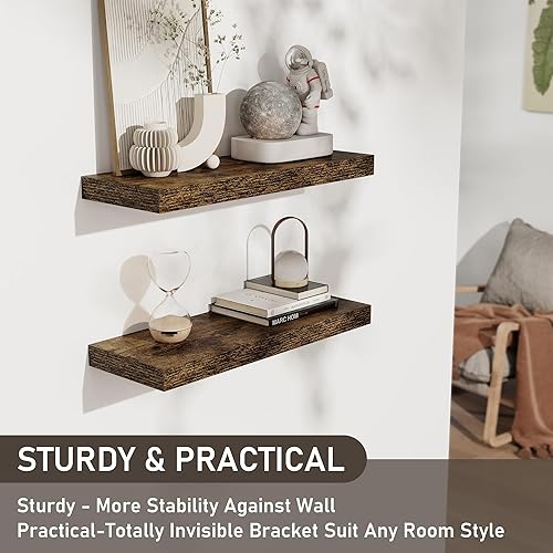 Miniatura 4 de Estantes flotantes para pared, juego de 2 estantes flotantes de 24 pulgadas, estante de madera rústica montado en la pared para baño, sala de estar,