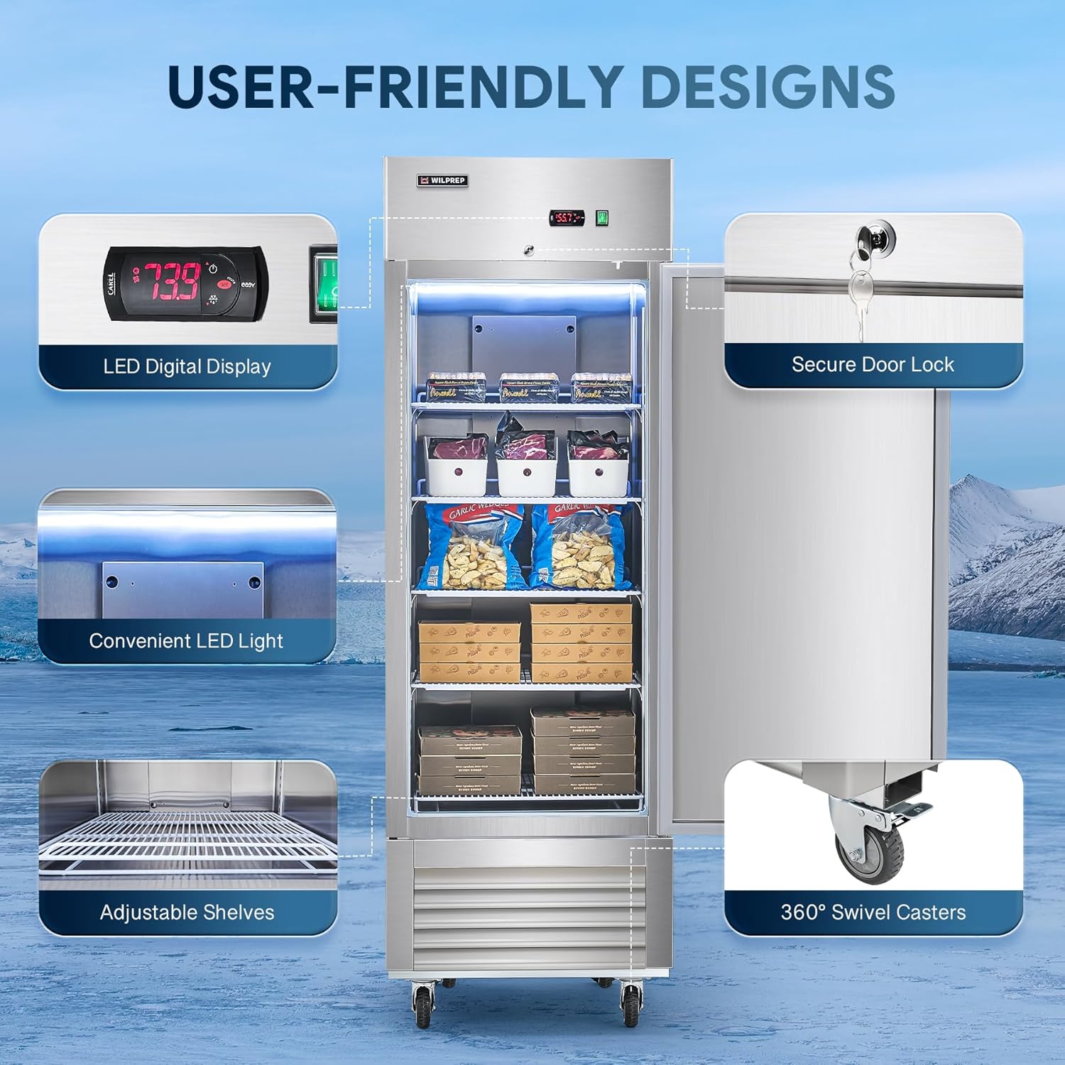 Wilprep 27" W Commercial Freezer 1 Door Upright Freezer Stainless Steel Reach-in Solid Door Upright Fan Cooling 18.7 Cu.ft Freezer for Restaurants, Bars, Shop, ETL-Listed