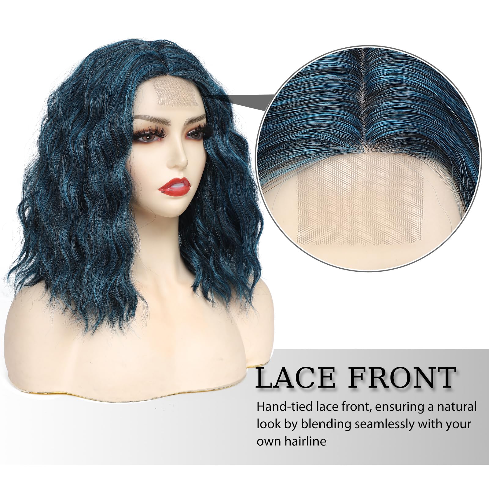 Yamel Wavy Bob Wig Natural Wig Blackish Blue Synthetic Hair Shoulder Length Short Curly Middle Part Lace Front Wigs for Women - Image 2