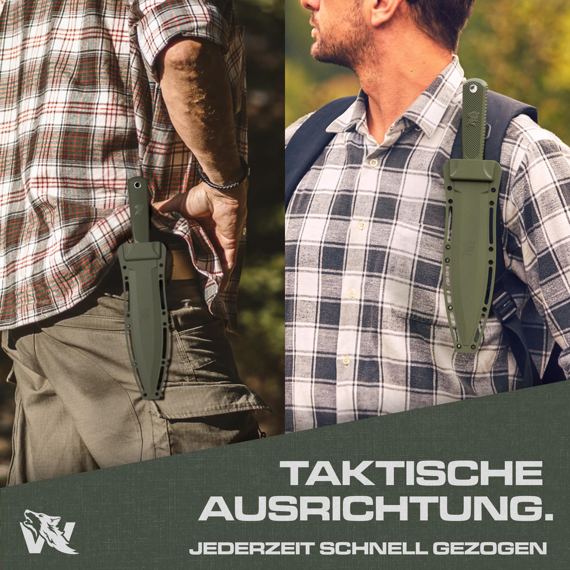 ODENWOLF W Catcher - Großes Jagdmesser aus D2-Stahl - Großes Feststehendes Messer mit Scheide - Einschneidiges Schwert mit TPE-Griff - Full Tang Survival Messer für Outdoor Aktivitäten