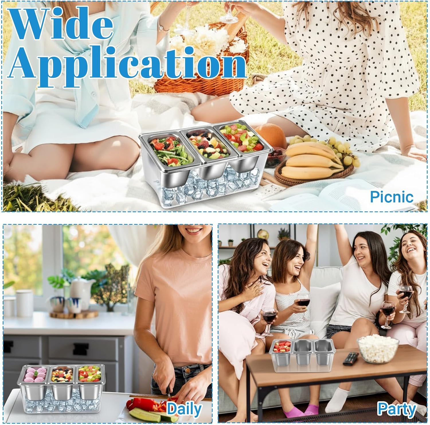 3 Compartments Ice Chilled Condiment Caddy, 30.5 oz Salad Bar Containers Stainless Steel Serving Dish with Lids for Bar, Hummus, Fruit, Salad, Ice Cream Topping, Sauces, Party Supply - Image 6