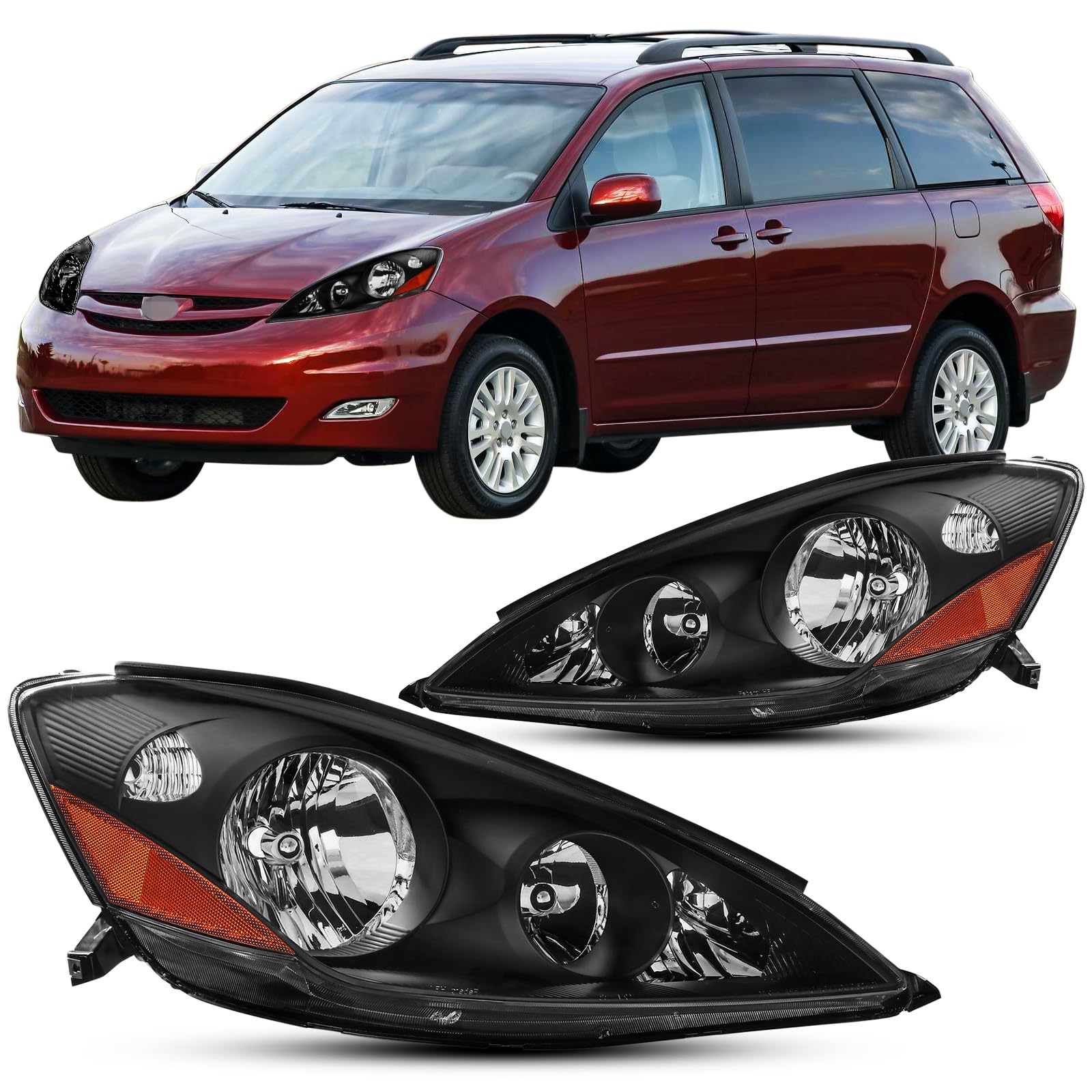 2pcs Halogen Headlights Assembly For 2006 2007 2008 2009 2010 Toyota Sienna CE LE XLE Limited Replacement OEM Headlamp Passenger and Driver Side With