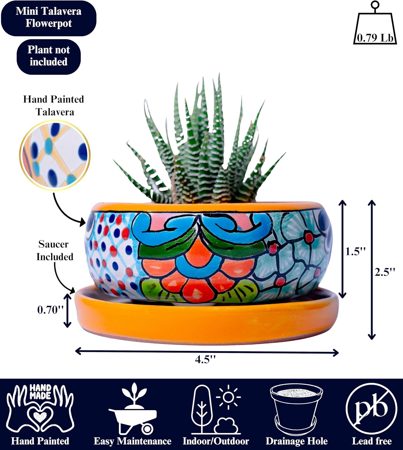 Mexican Pottery Planters - Talavera Planter - Succulent Pots - Small Ceramic Pots for Plants Indoor & Outdoor with Drainage Hole and Saucer (Yellow)