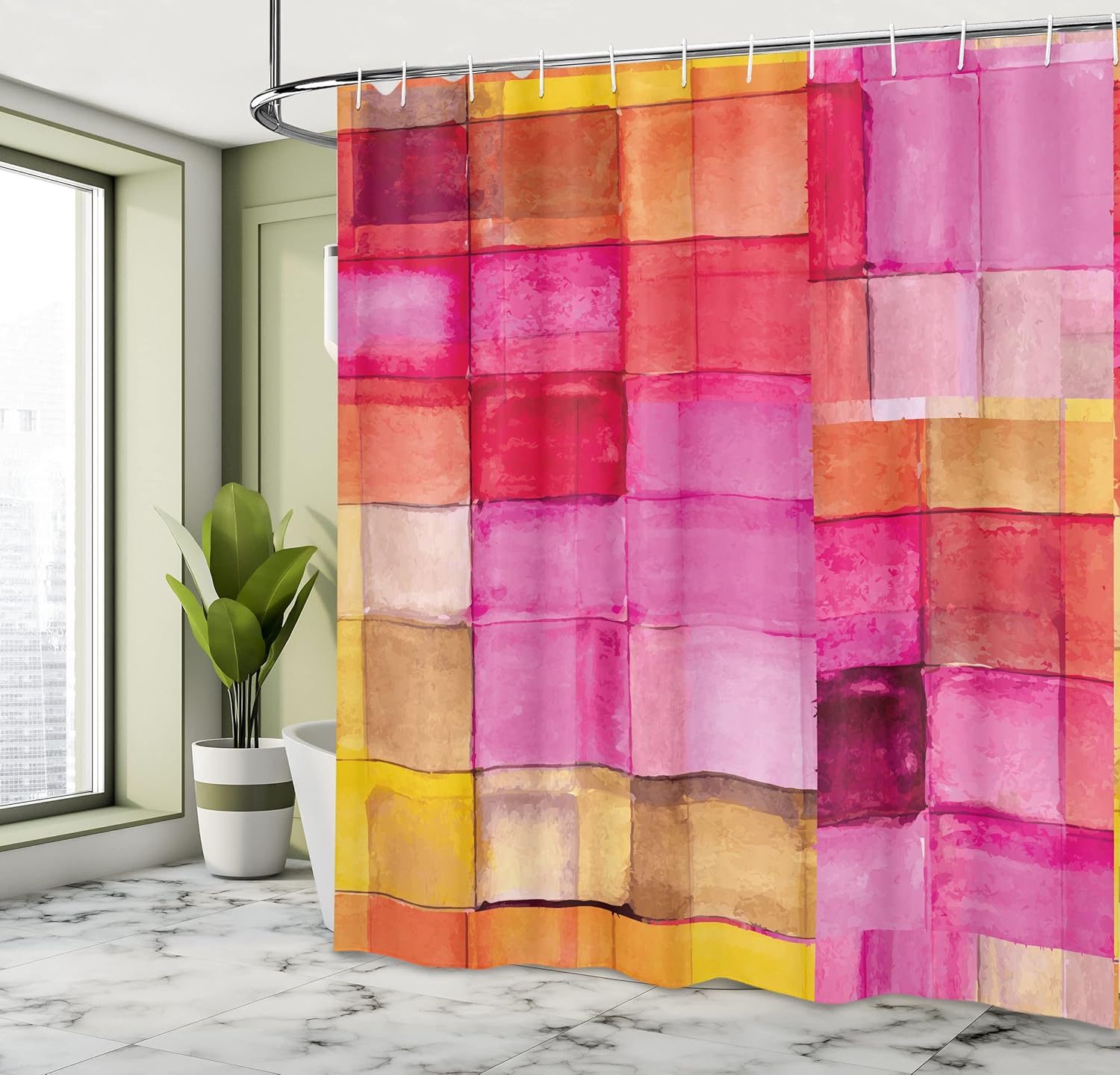 Ambesonne Abstract Shower Curtain, Rainbow Colored Geometric Square Shaped Blurry Effects Watercolor Design, Cloth Fabric Bathroom Decor Set with Hooks, 69" W x 70" L, Coral Pink