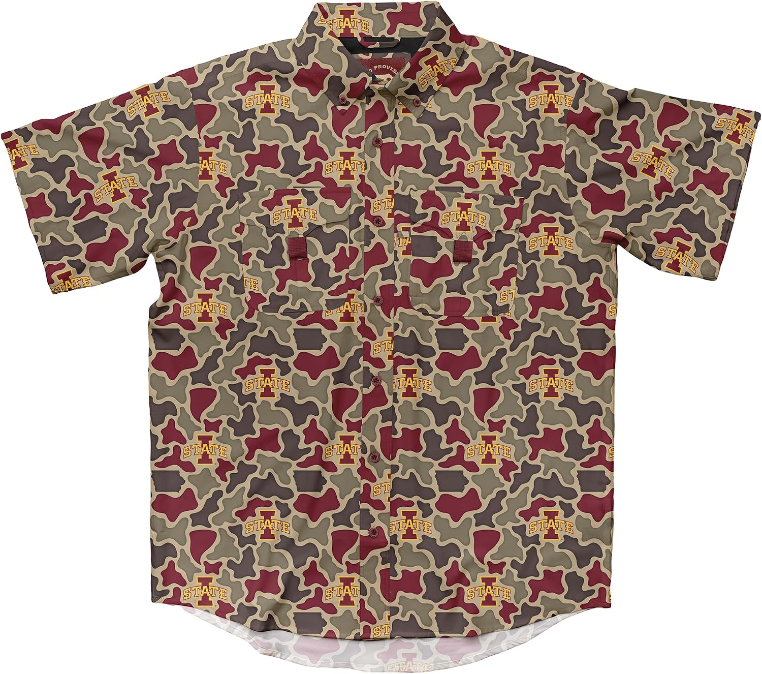 Amigo NCAA Mens Iowa Hawkeyes Licensed Camo El Campo Short Sleeve Button Up Field and Fish Shirt