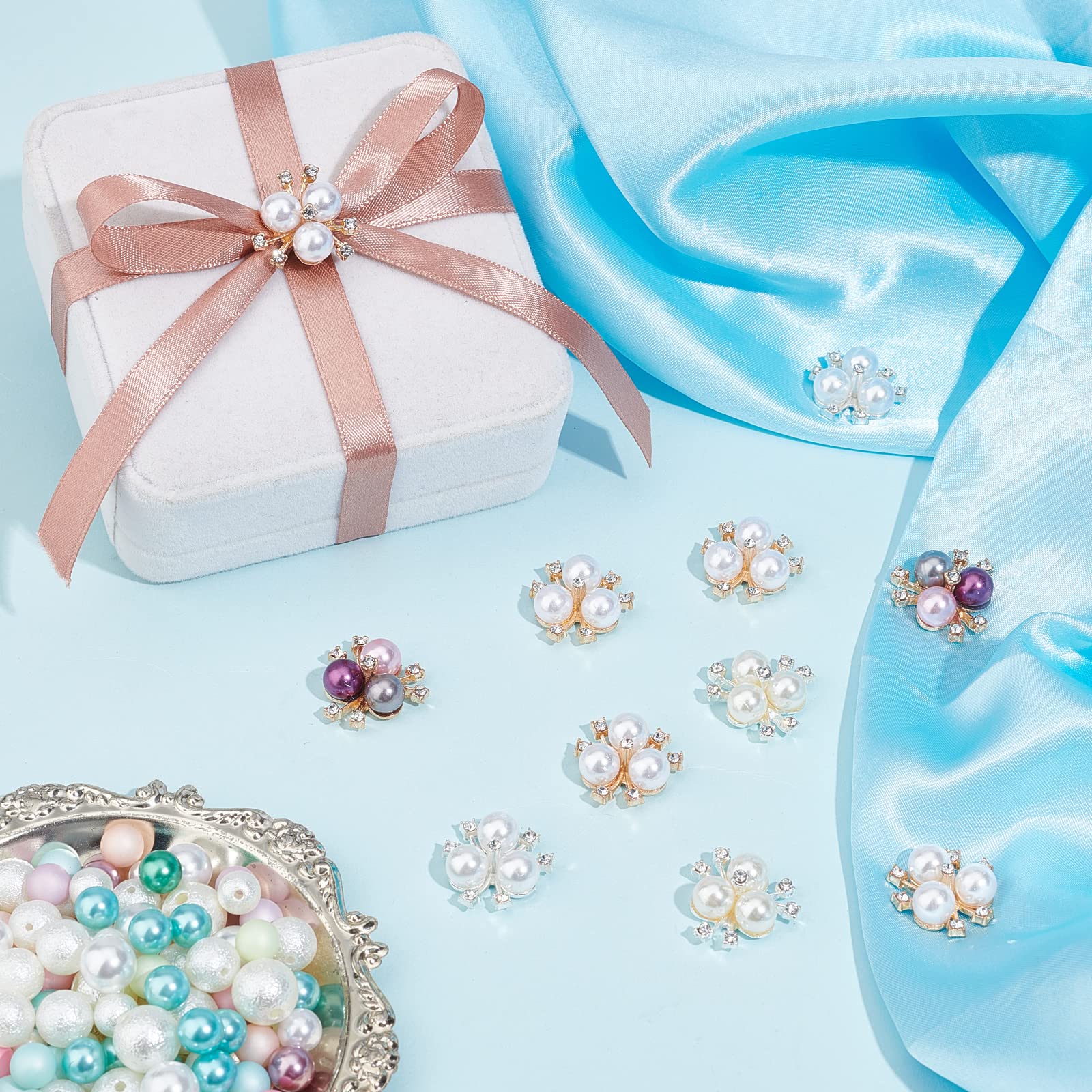 PH PandaHall 6 Gemelli A Fiore Con Perle E Strass – 21x12,5 Mm, Clip Rimovibile, Ideali Per Camicie, Giacche E Fai-da-te, Cristallo E Perle Finta
