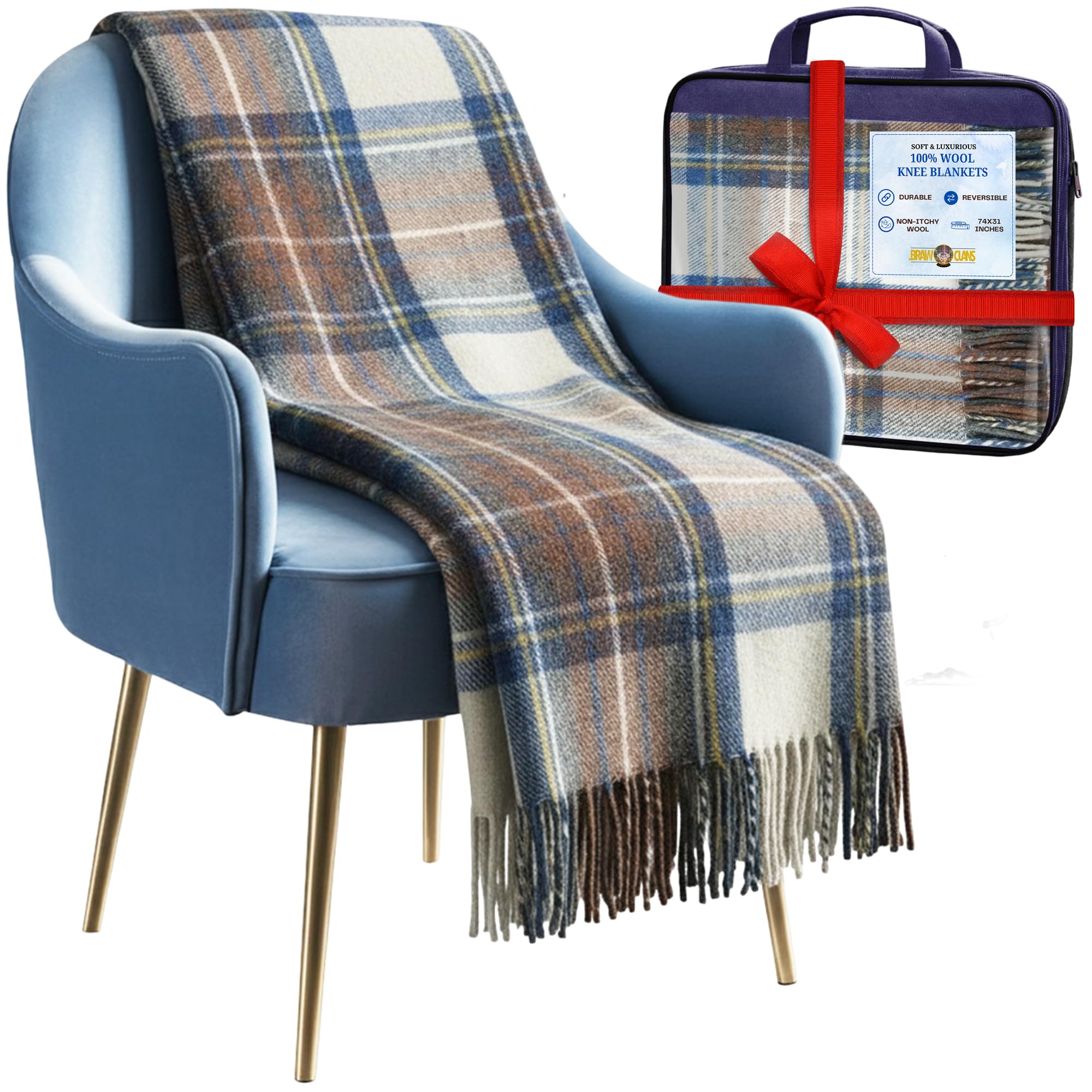 Luxurious Wool Knee blankets for elderly, Adults - 74x31" - Scottish tartans - Fringed edges, check Cosy sofa throws - Reading, Wheel chair, Travel - winter Blanket (Stewart Muted Blue Tartan)