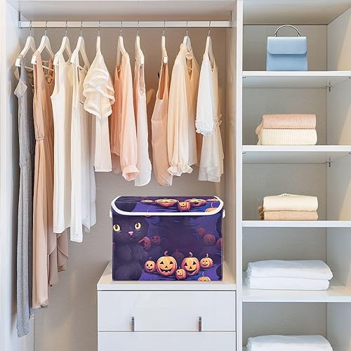 Miniatura 6 de Caja de almacenamiento plegable de gato negro sobre calabaza con sombrero de Halloween, almacenamiento de manta de gran capacidad, cestas de