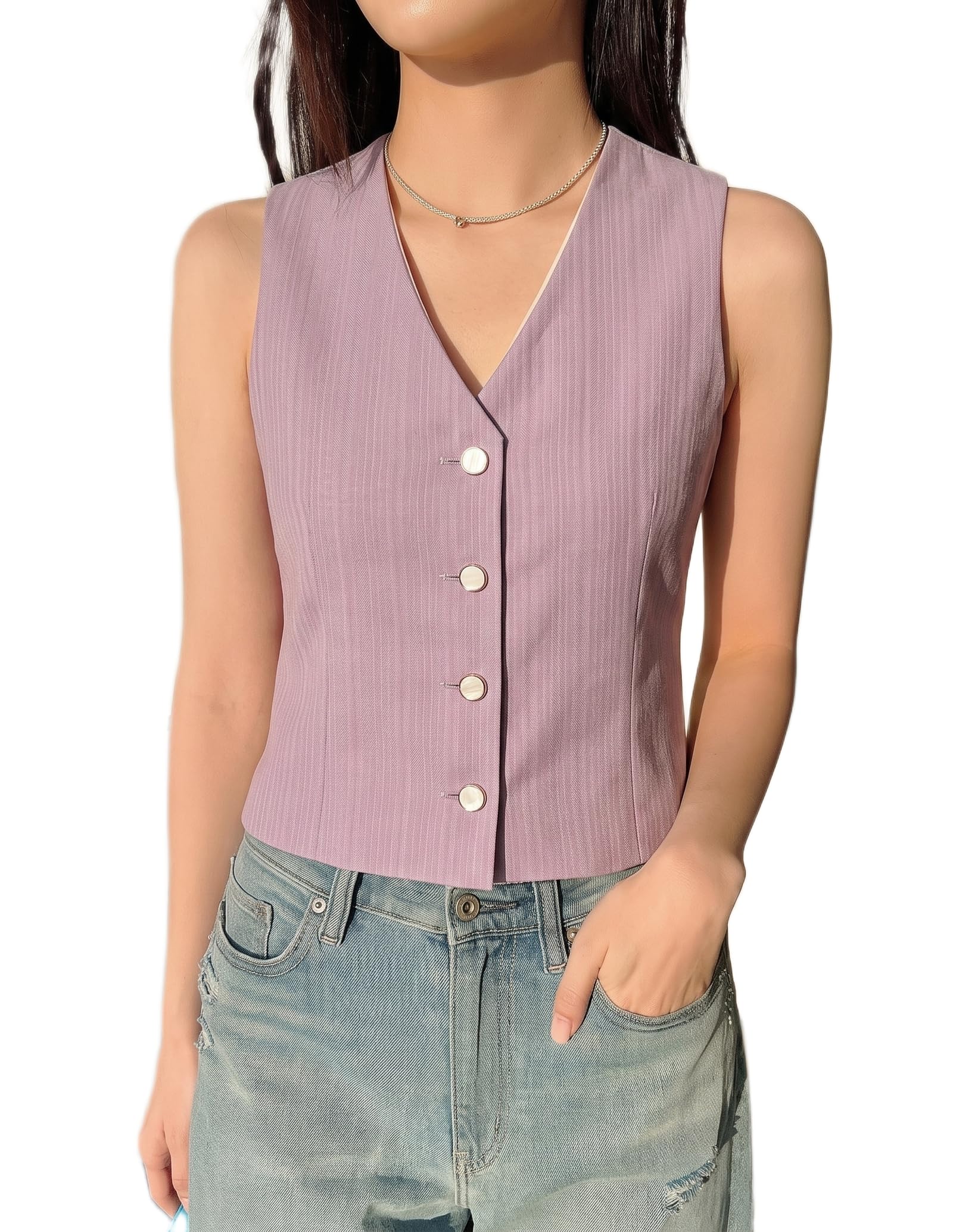 Women's Purple Cropped Button Front Waistcoat Sleeveless Fitted Top-image-4