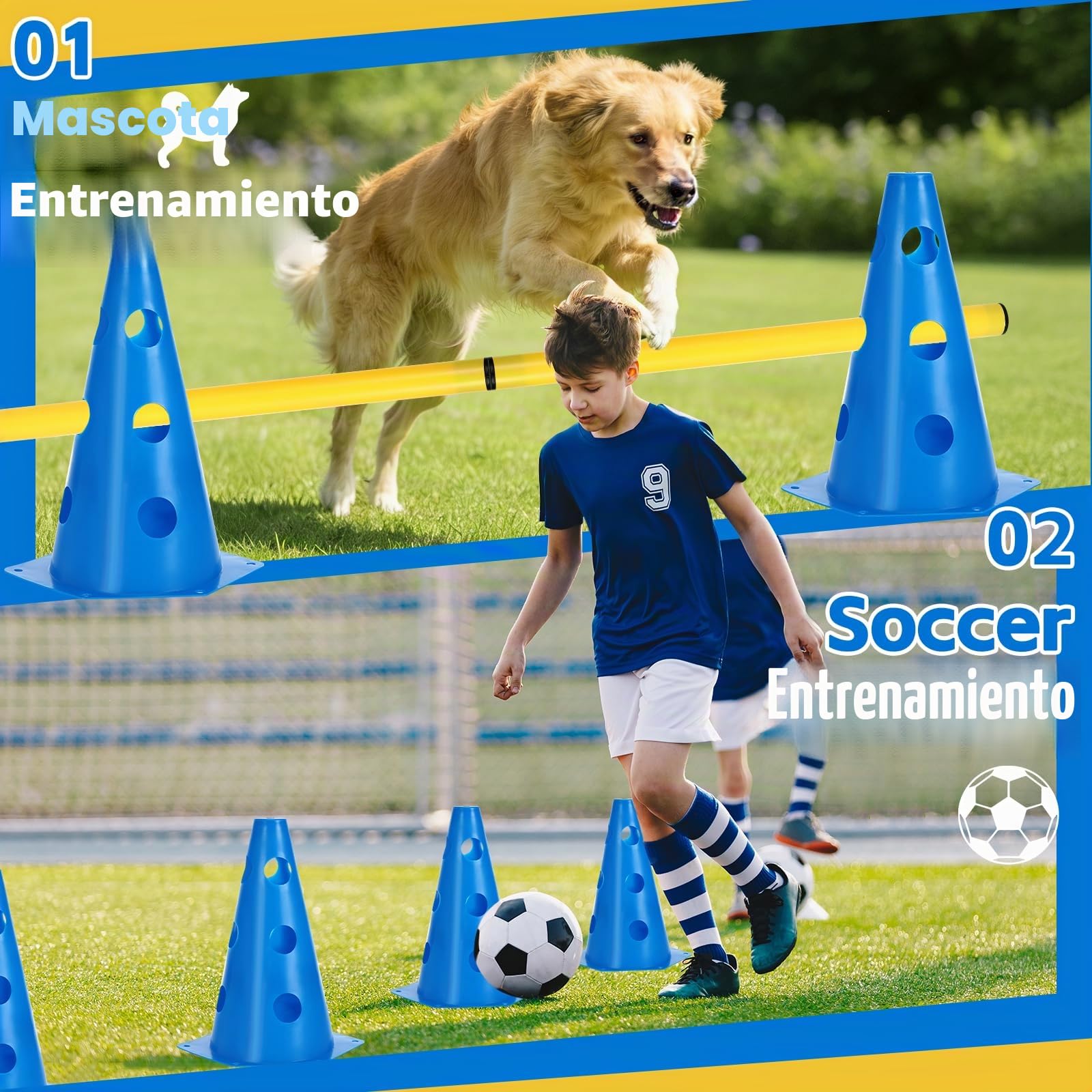 Juego de Agilidad para Perros, 8 Conos (24cm) + 4 Barras (81cm), Juego de Obstáculos Niños, Set de Obstáculos Ajustable en Altura para Entrenamiento Canino, Fútbol y Coordinación