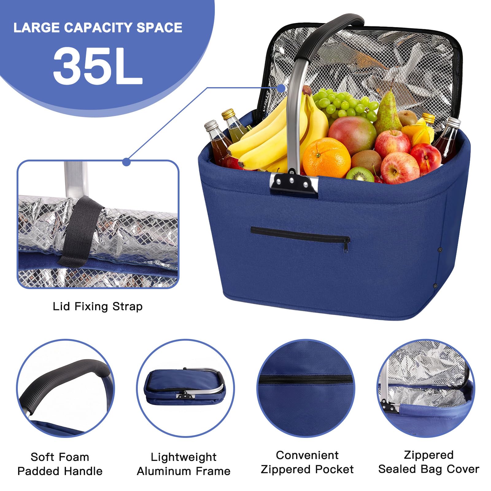 35L Faltbarer Einkaufskorb mit Deckel, Stabiler Tragekorb Picknickkorb mit Kühlfunktion, Große Isolierte Faltkorb mit Aluminium Griff, Ideal für Einkauf Reise Camping Strand