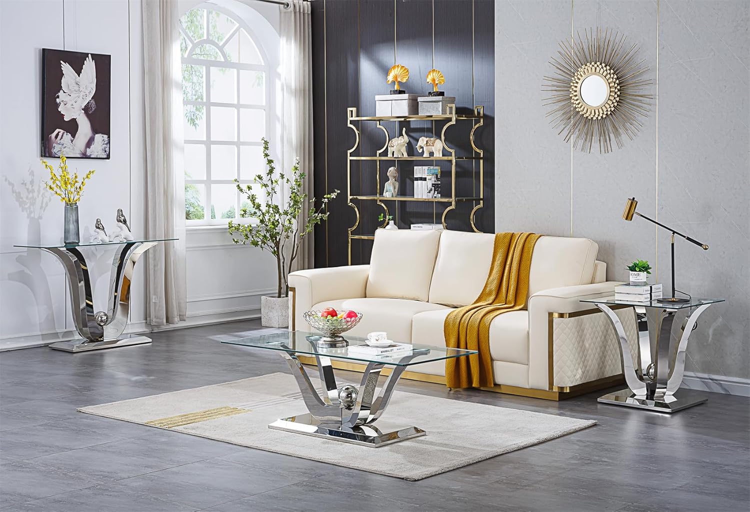 4 Piece Glass Coffee Table Set, Silver Coffee Table with 1 Sofa Table and 2 Square End Side Tables, Modern Living Room Table Set with Gorgeous Stainless Steel Frame for Apartment Home Office